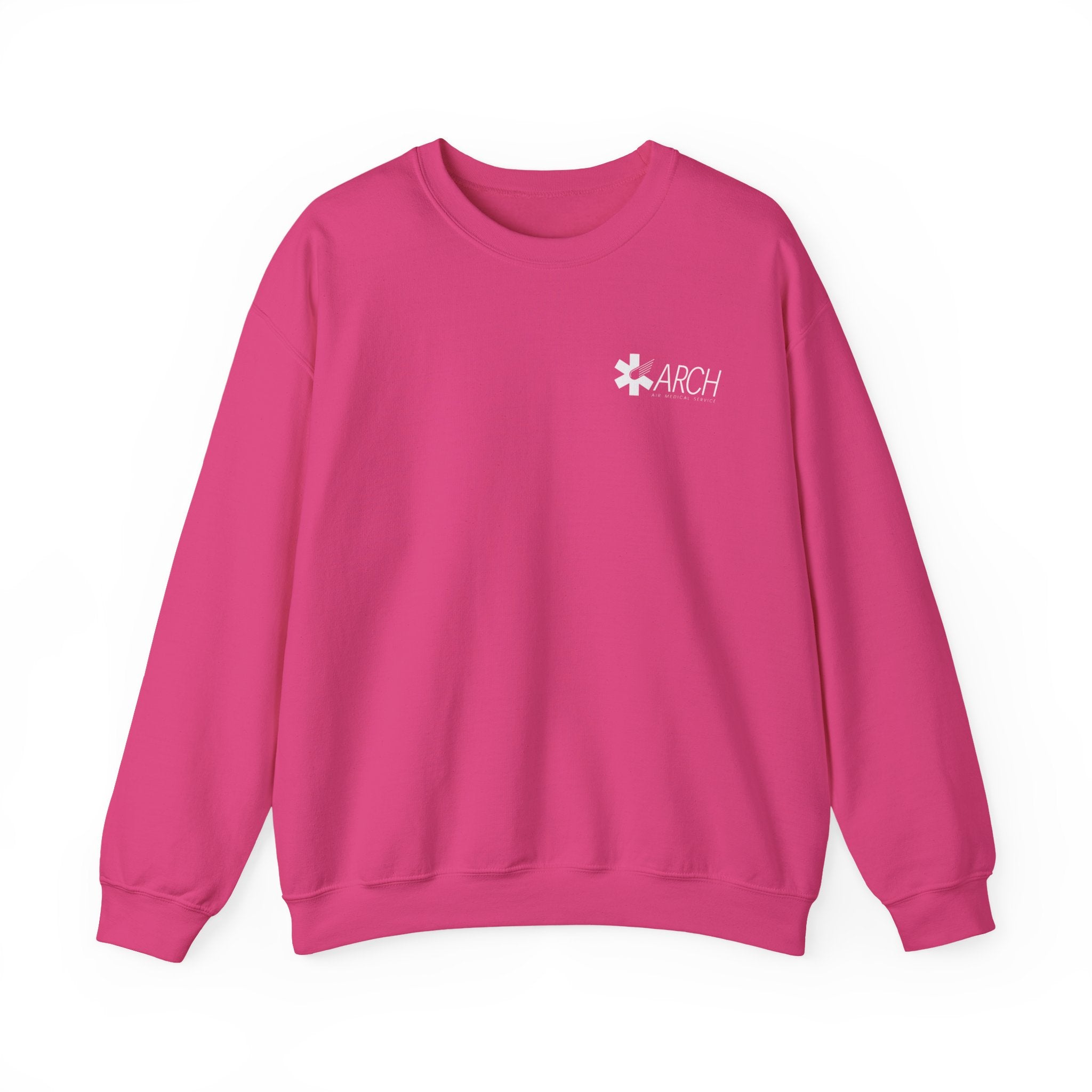 Pink crewneck sweatshirt with a small ARCH by Air Methods logo on the left chest by Rotor Wash & Wear