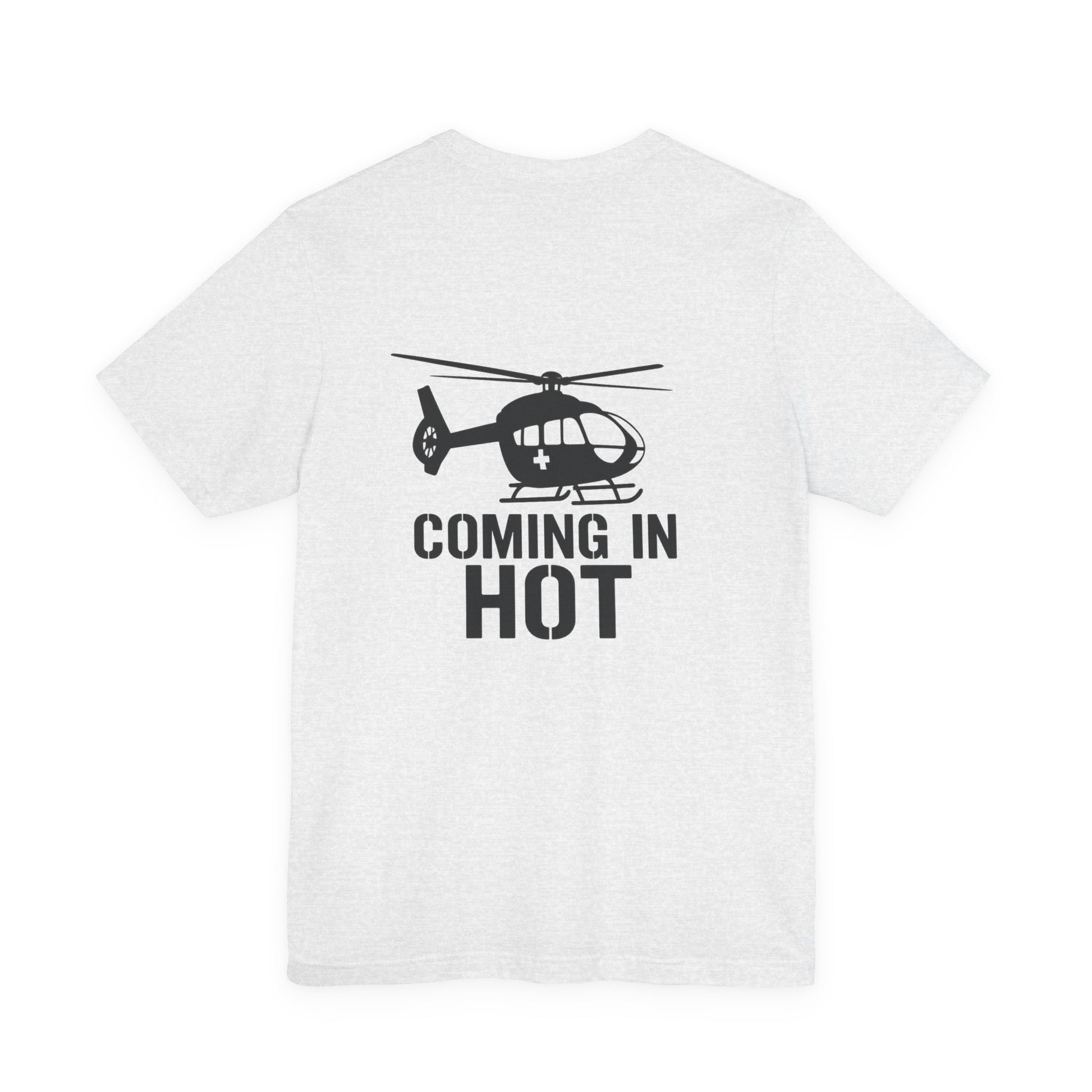 White t-shirt with helicopter graphic and 'Coming in Hot' text on a white background