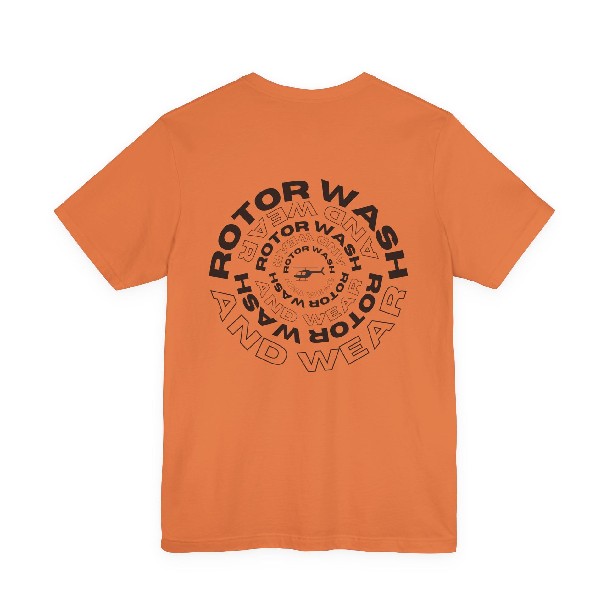 Orange t-shirt with 'Rotor Wash and Wear' circular design text design on a white background