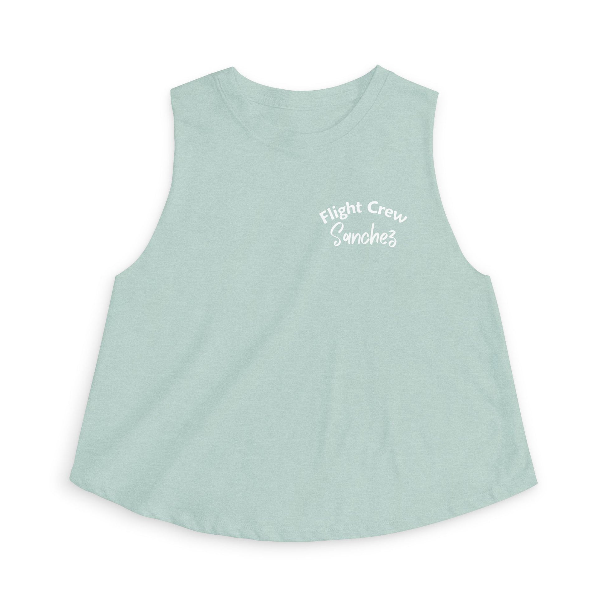 Light green sleeveless shirt with 'Flight Crew Sanchez' text by Rotor Wash & Wear