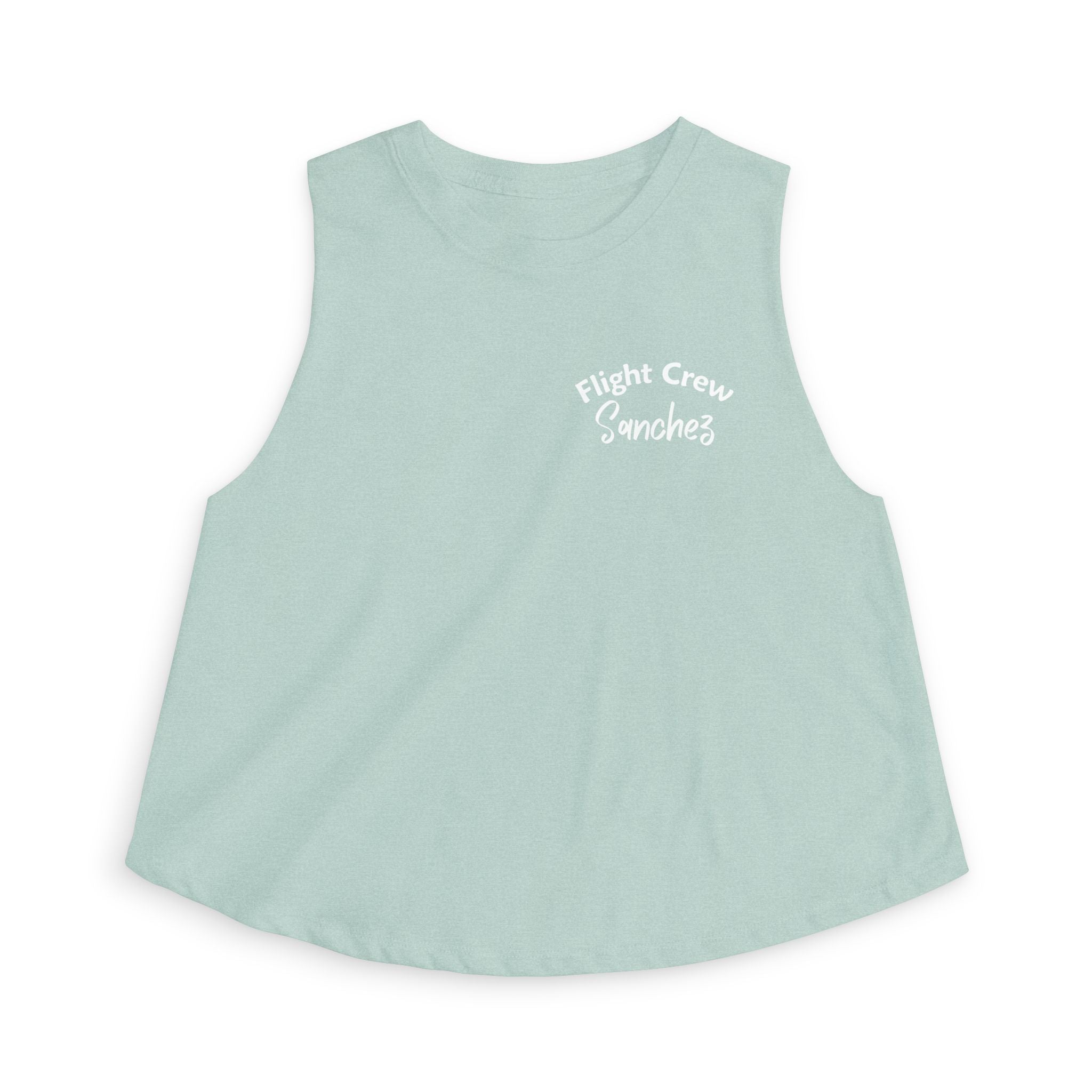Light green sleeveless shirt with 'Flight Crew Sanchez' text by Rotor Wash & Wear