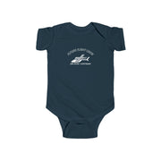 Navy blue baby onesie with Air Evac Lifeteam logo and text "Future Flight Crew" by Rotor Wash & Wear