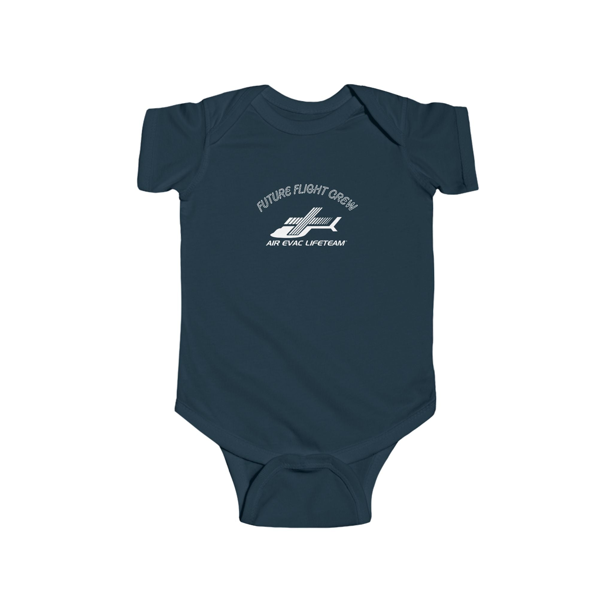 Navy blue baby onesie with Air Evac Lifeteam logo and text "Future Flight Crew" by Rotor Wash & Wear