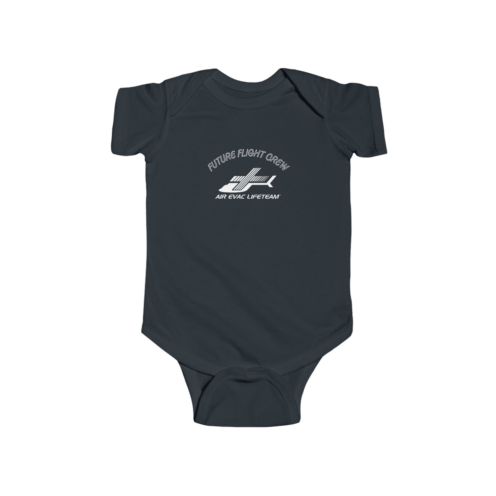 Dark gray baby onesie with Air Evac Lifeteam logo and text "Future Flight Crew" by Rotor Wash & Wear