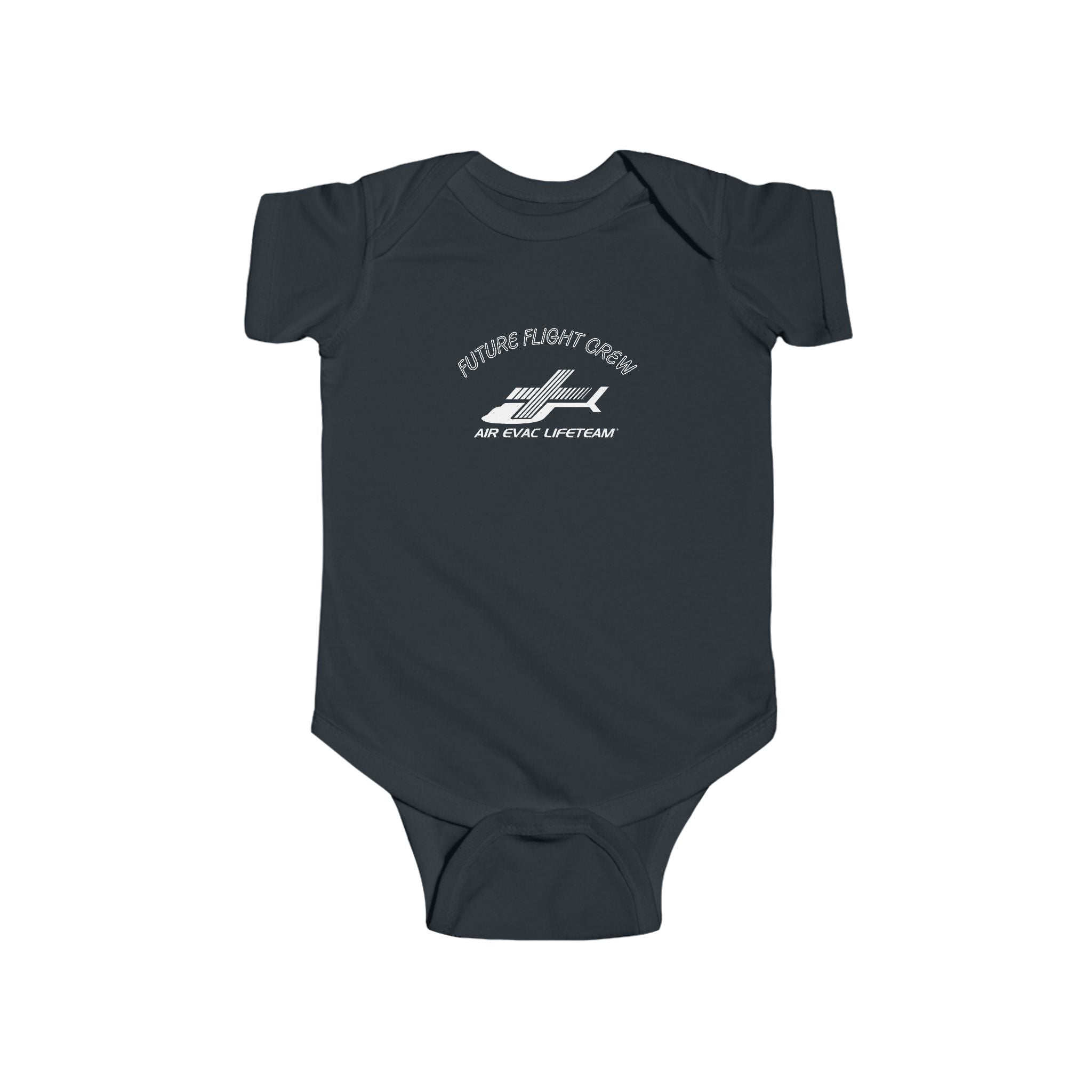 Dark gray baby onesie with Air Evac Lifeteam logo and text "Future Flight Crew" by Rotor Wash & Wear