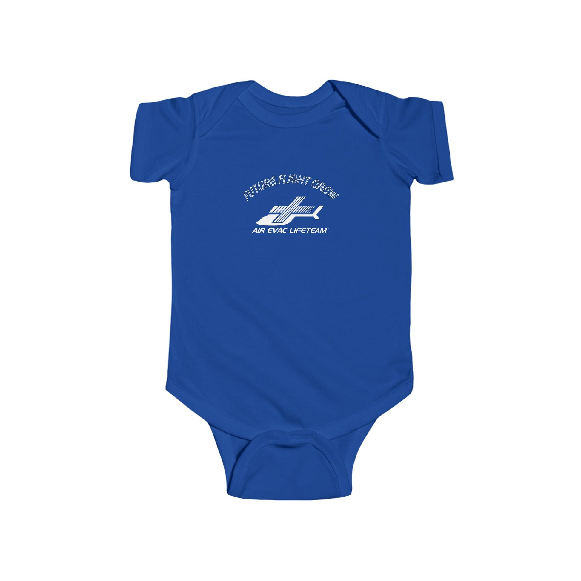Blue baby onesie with Air Evac Lifeteam logo and text "Future Flight Crew" by Rotor Wash & Wear