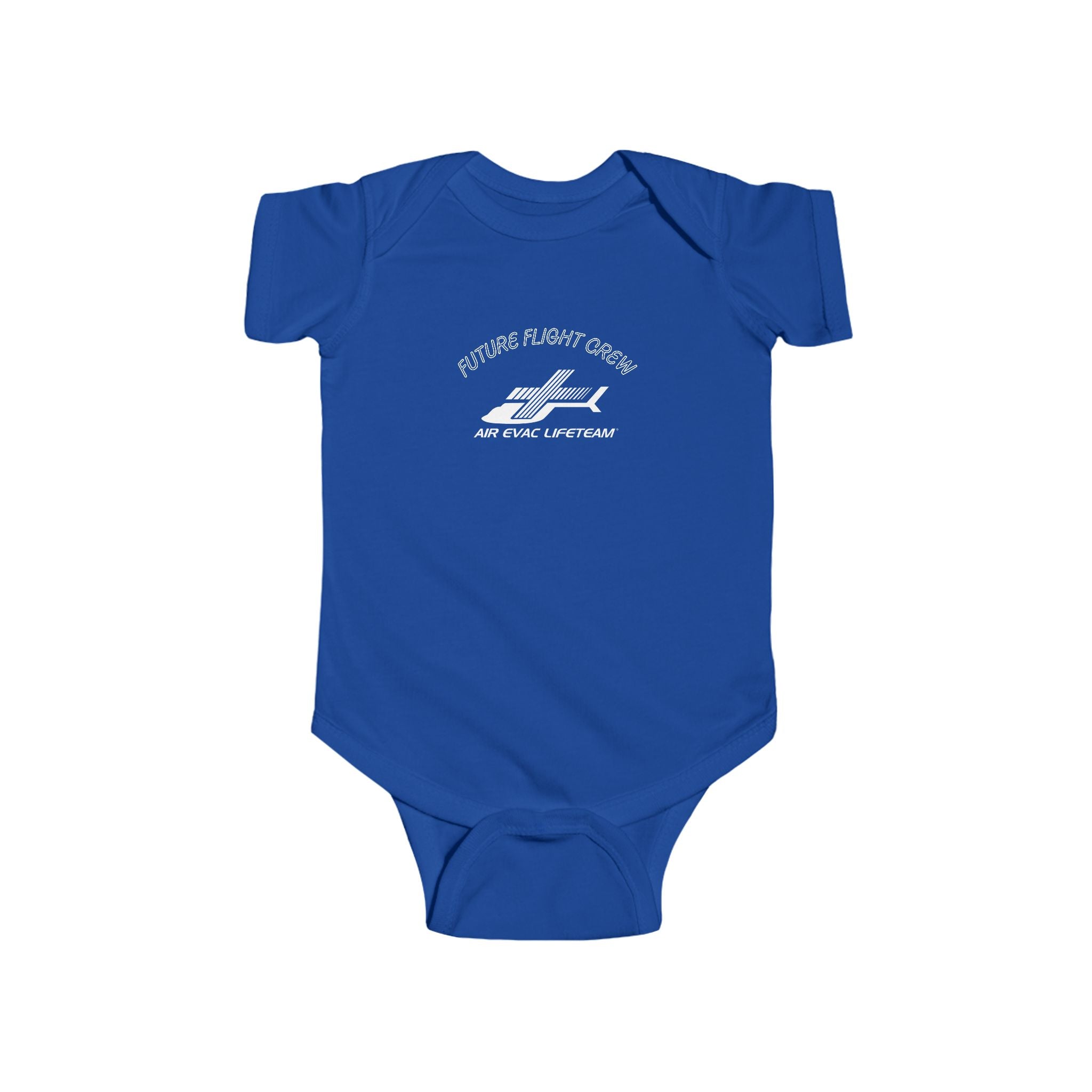 Blue baby onesie with Air Evac Lifeteam logo and text "Future Flight Crew" by Rotor Wash & Wear