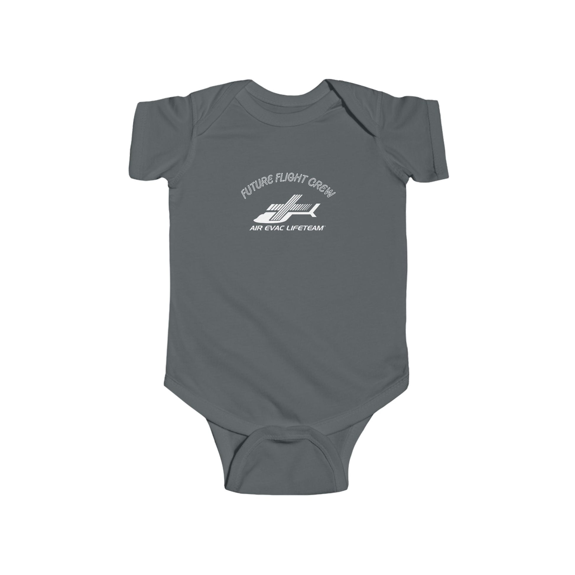 Gray baby onesie with Air Evac Lifeteam logo and text "Future Flight Crew" by Rotor Wash & Wear