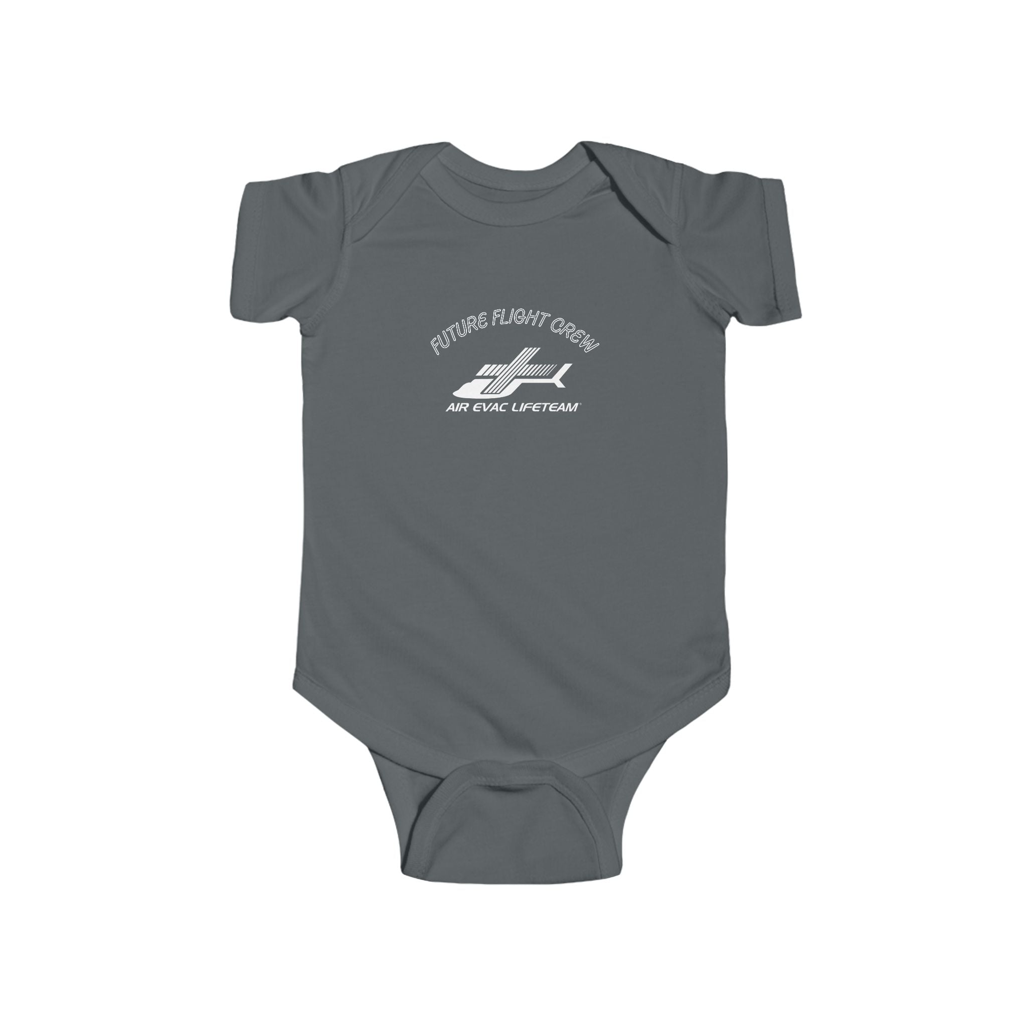 Gray baby onesie with Air Evac Lifeteam logo and text "Future Flight Crew" by Rotor Wash & Wear