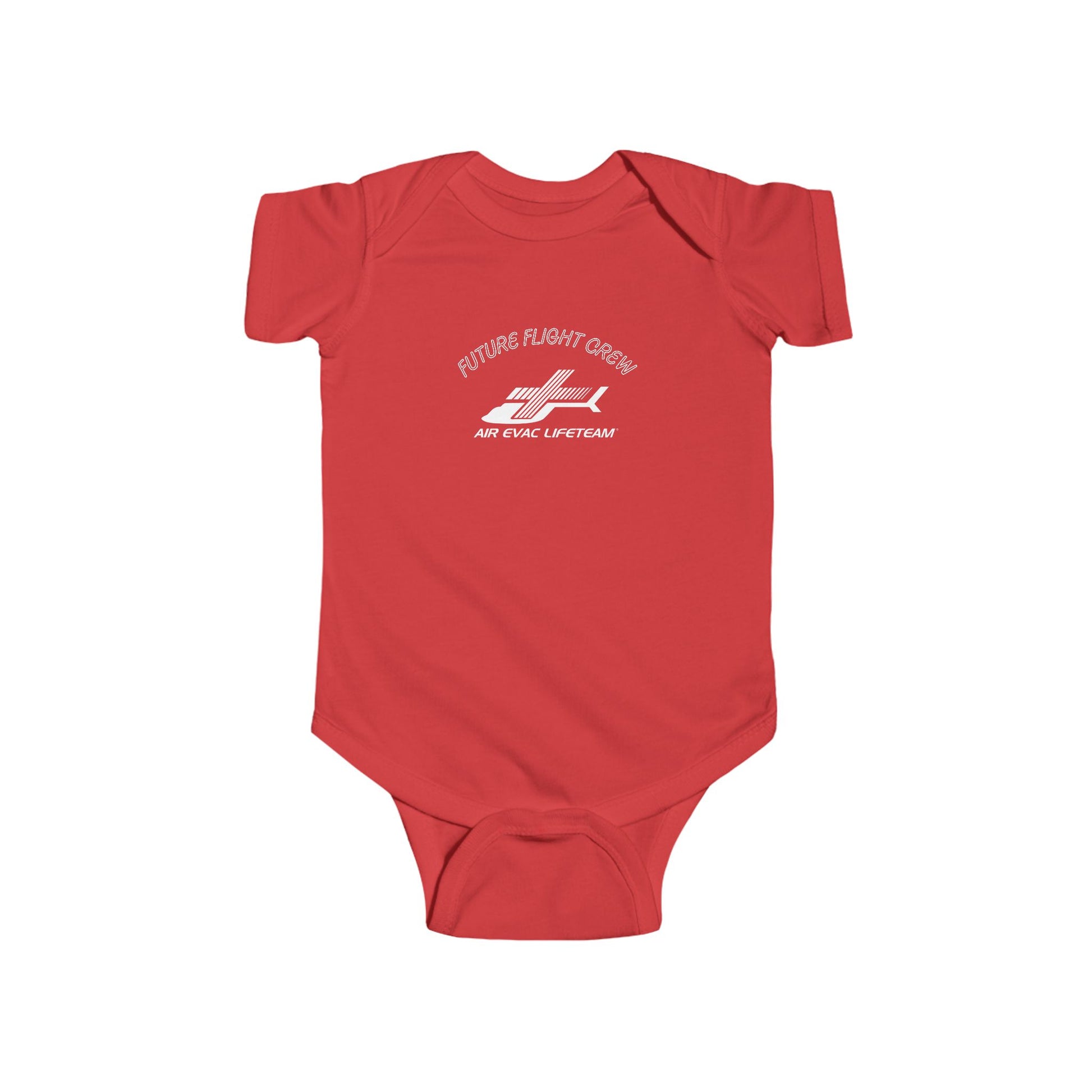 Red baby onesie with Air Evac Lifeteam logo and text "Future Flight Crew" by Rotor Wash & Wear