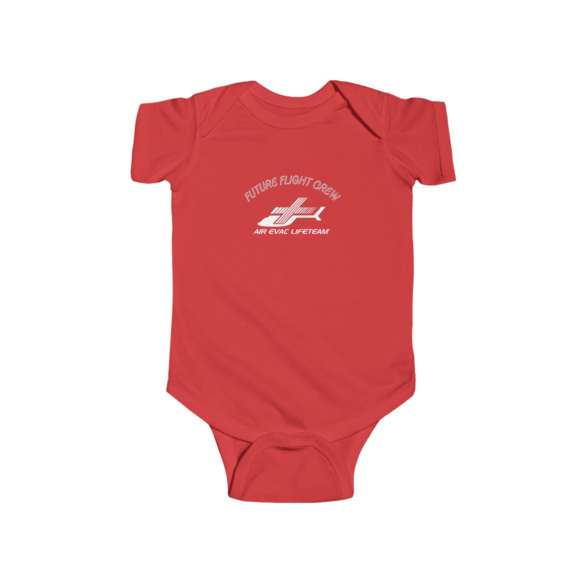 Red baby onesie with Air Evac Lifeteam logo and text "Future Flight Crew" by Rotor Wash & Wear