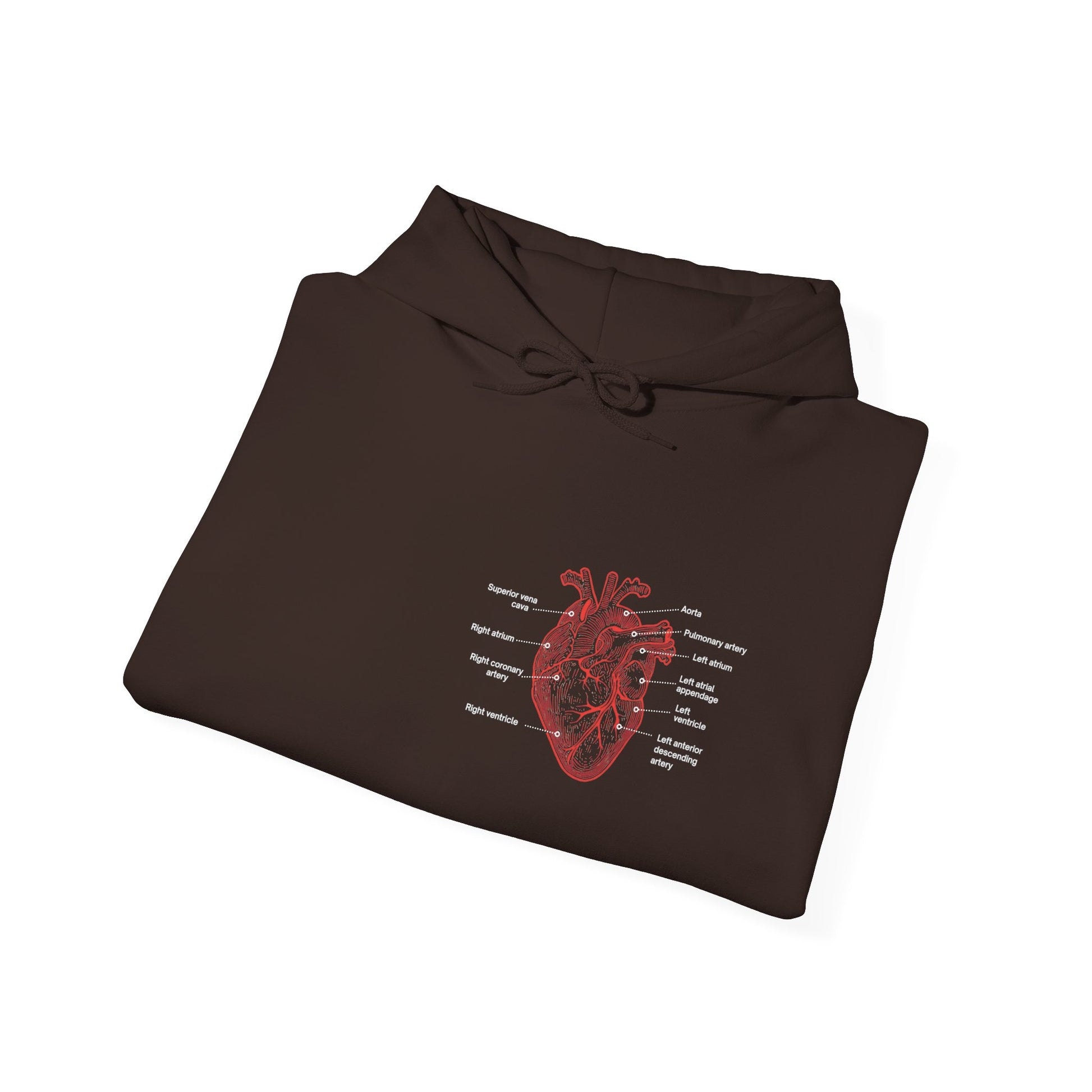 Folded brown hoodie with a red anatomical with heart with labels by Rotor Wash & Wear and EMS Avenger