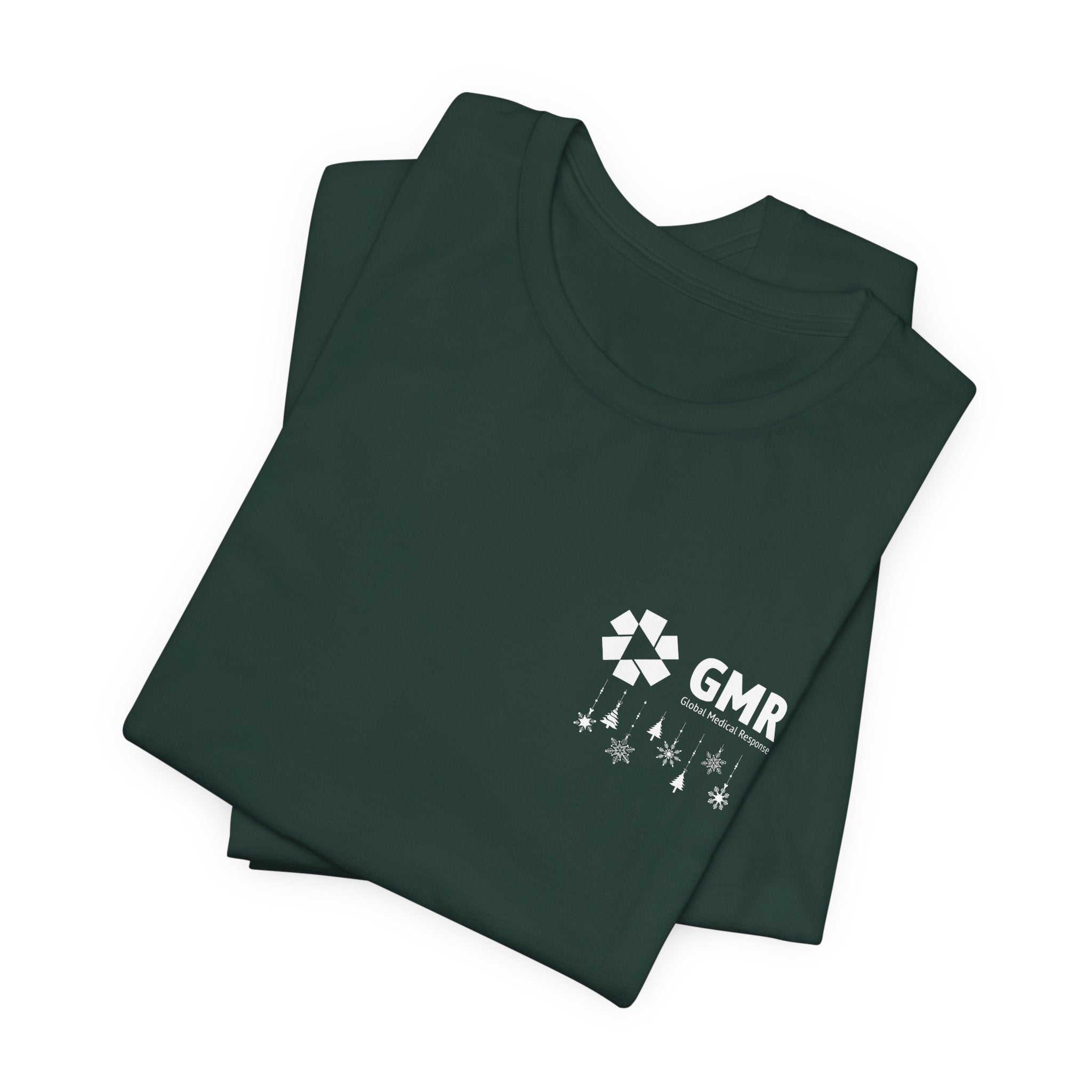 Folded dark green t-shirt with GMR logo and Christmas ornaments by Rotor Wash & Wear