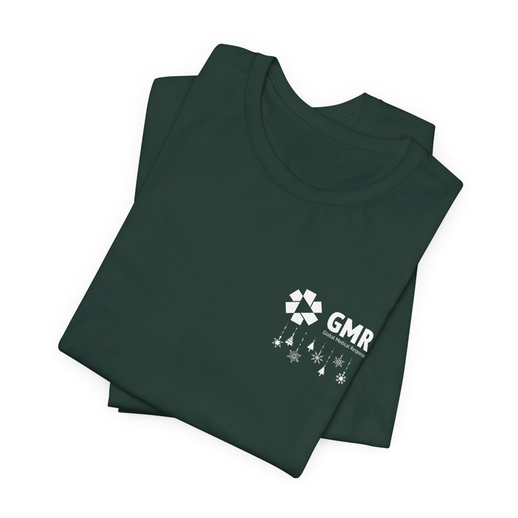 Folded dark green t-shirt with GMR logo and Christmas ornaments by Rotor Wash & Wear