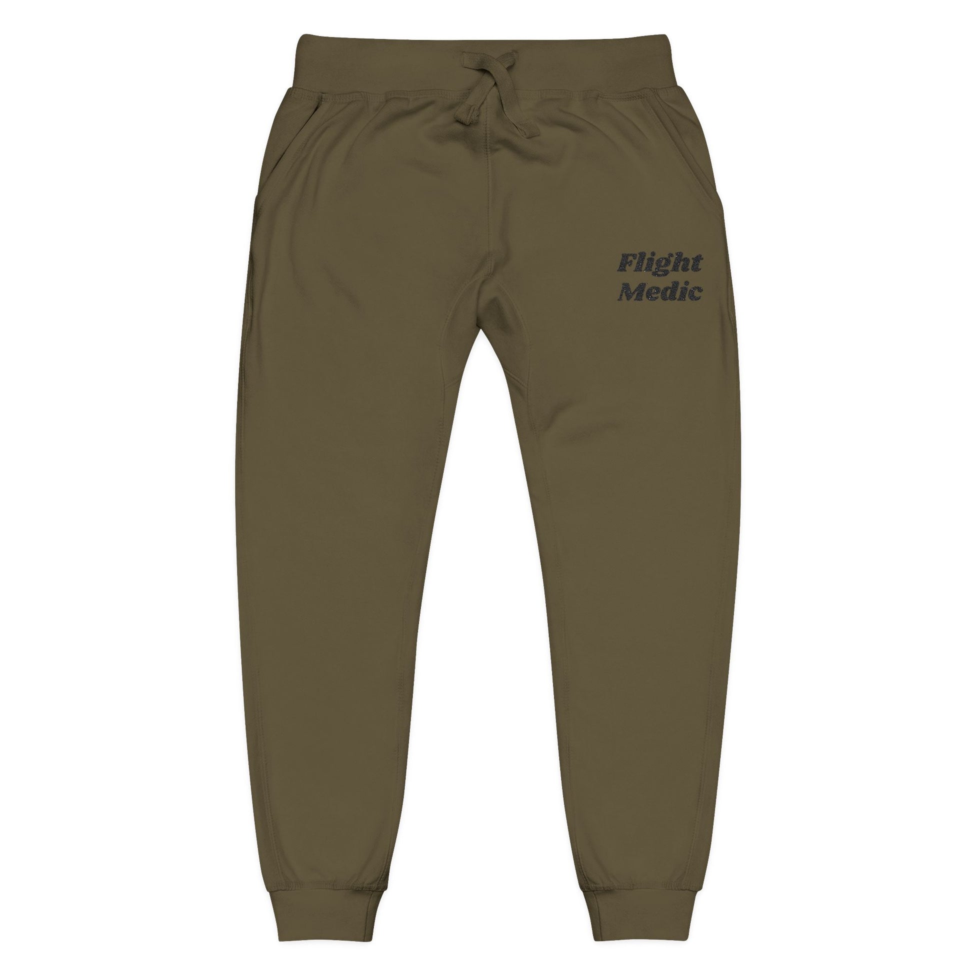 Olive green  joggers with 'Flight Medic' embroidered text on a white background