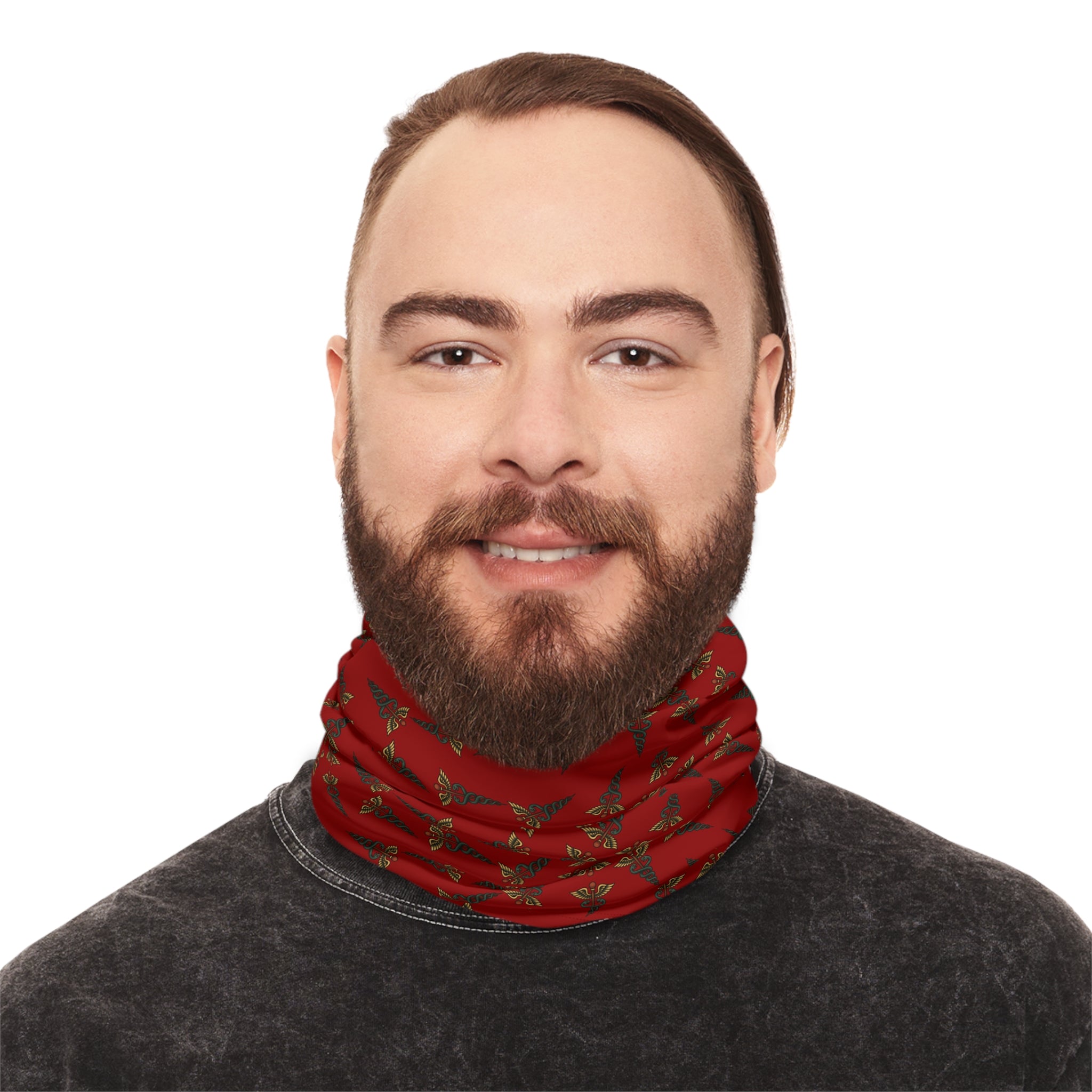 Person wearing red caduceus patterned neck gaiter by Rotor Wash & Wear