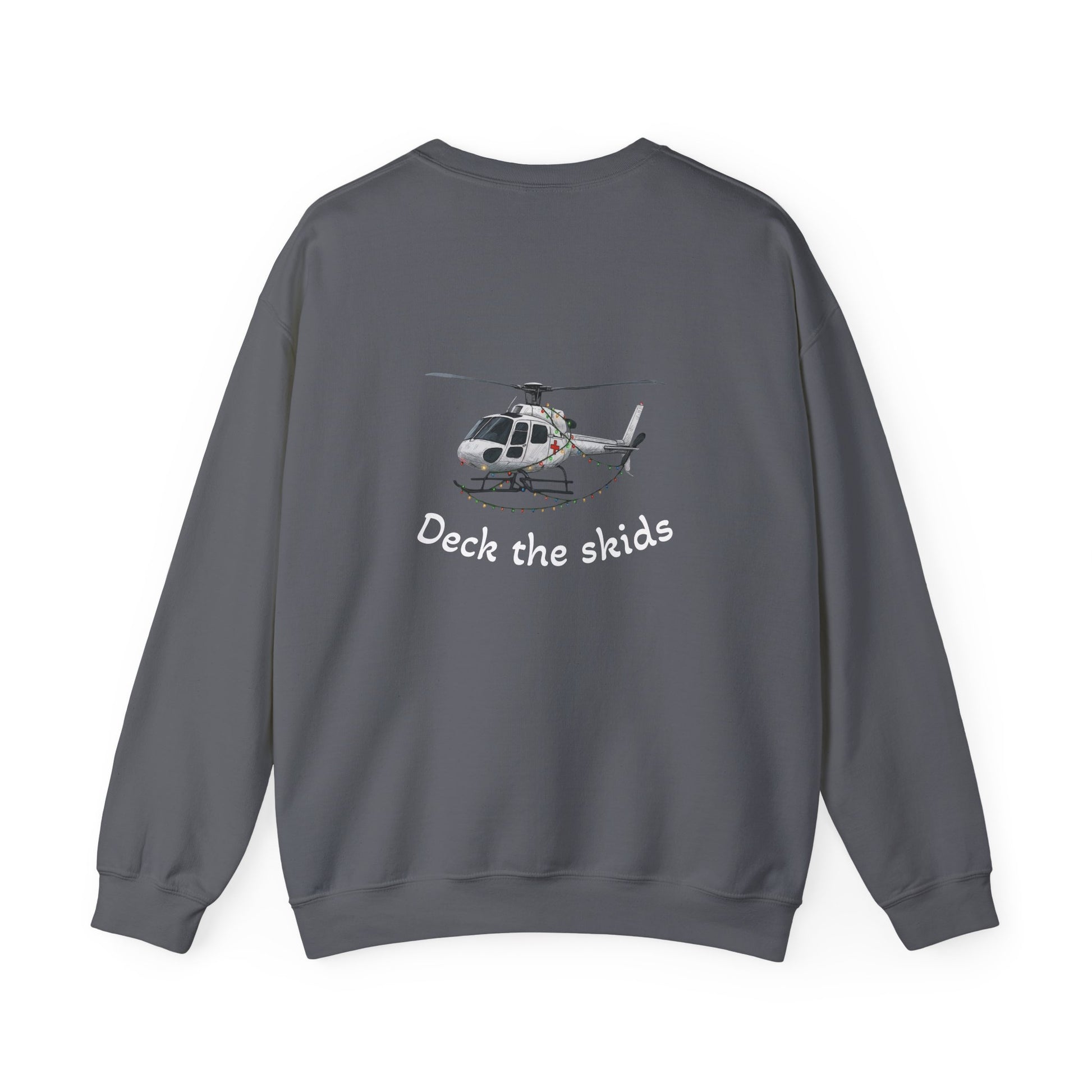 Dark gray sweatshirt with helicopter graphic with Christmas lights draped on it and 'Deck the skids' text by Rotor Wash & Wear