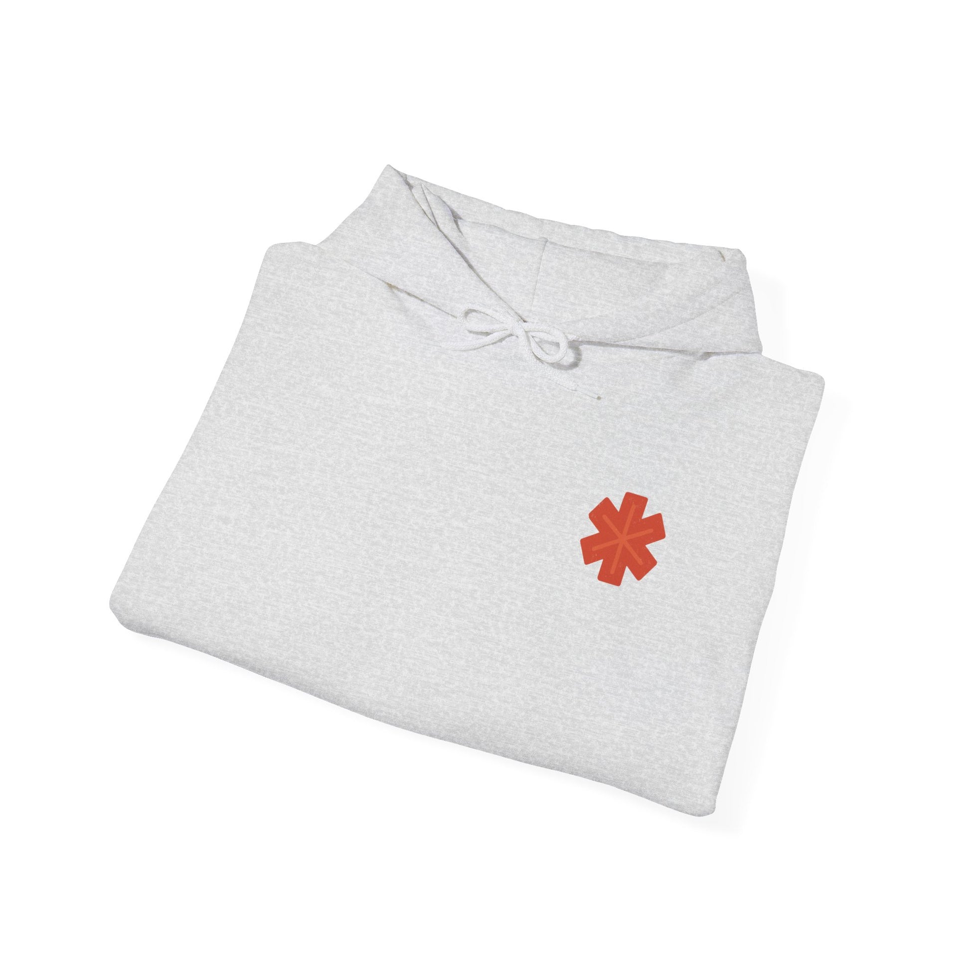 Folded gray hoodie with a red star emblem on a white background