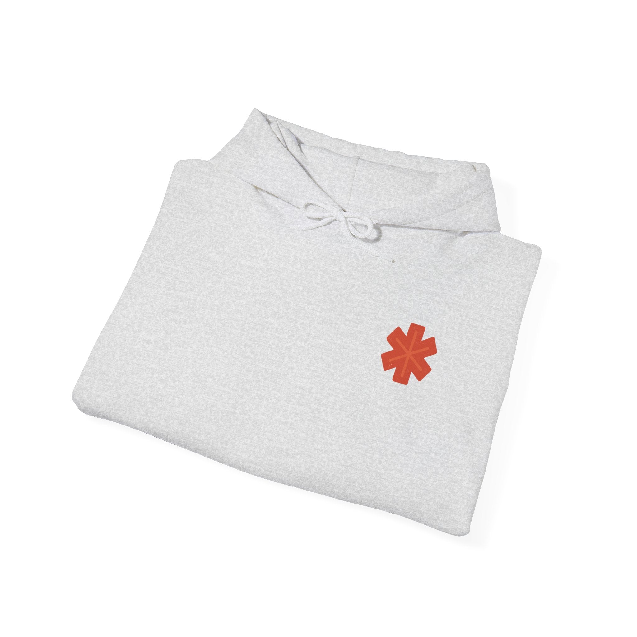 Folded gray hoodie with a red star emblem on a white background