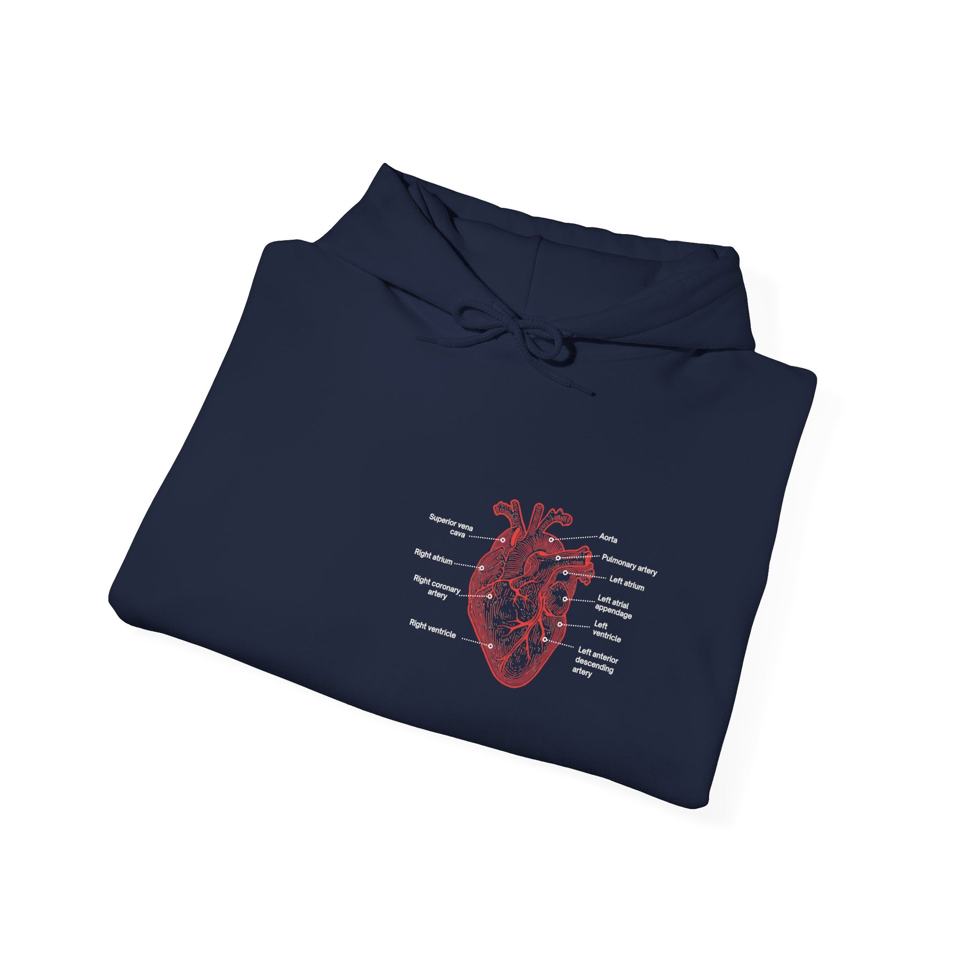 Folded navy hoodie with a red anatomical with heart with labels by Rotor Wash & Wear and EMS Avenger
