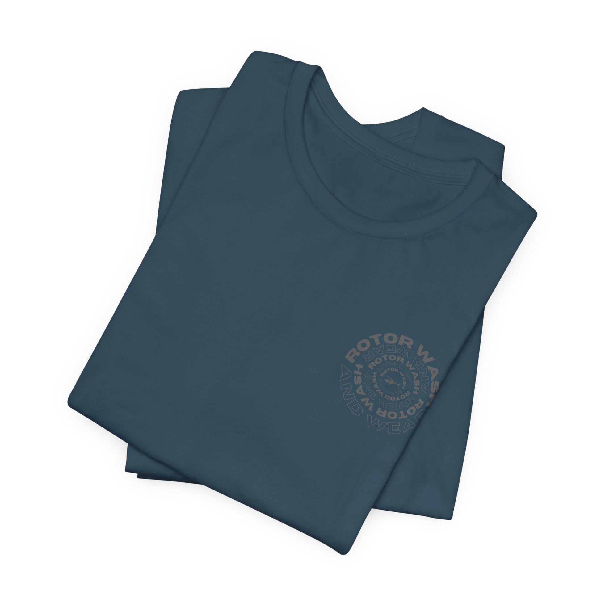 Folded deep teal t-shirt with 'Rotor Wash and Wear' circular design text design on the left chest on a white background