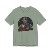 A sage green crewneck t-shirt featuring a graphic of a zombie medic holding a coffee mug with the text 'MUST GET COFFEE!' in red by Rotor Wash & Wear