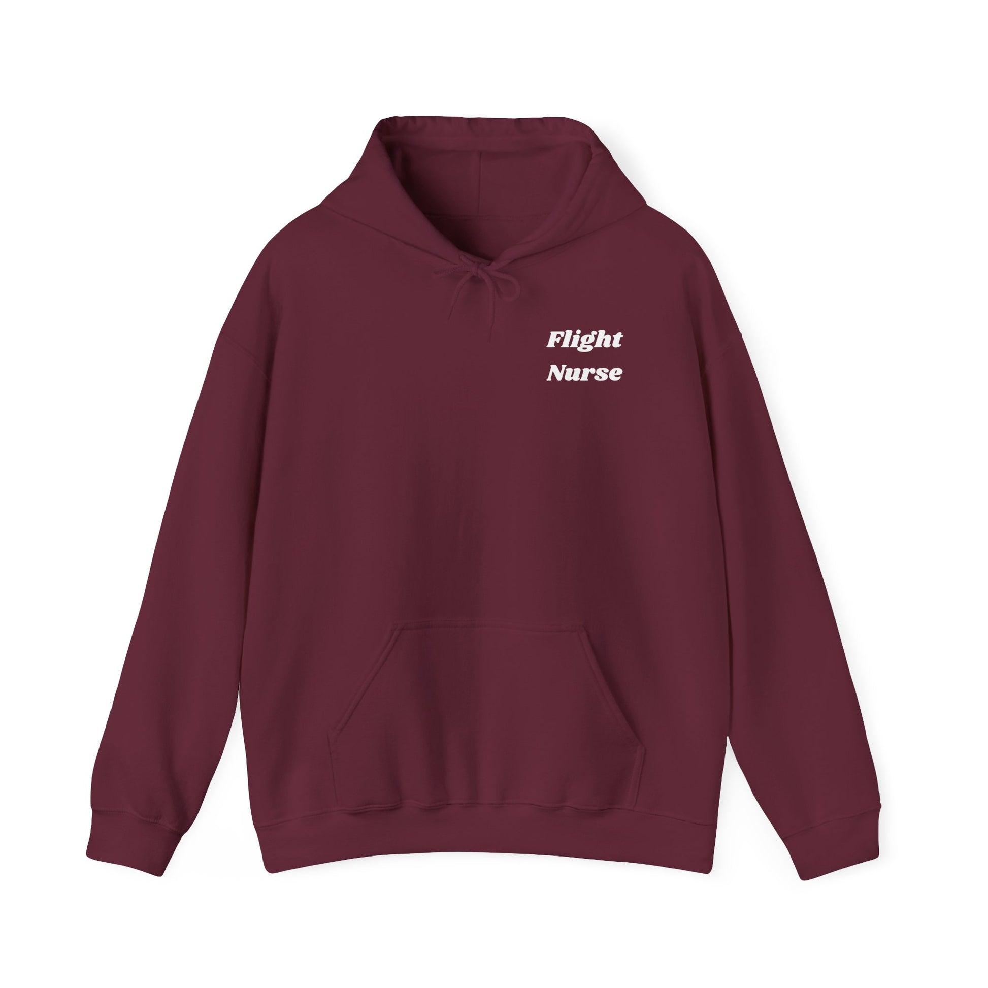 Maroon hoodie with 'Flight Nurse' text on a white background