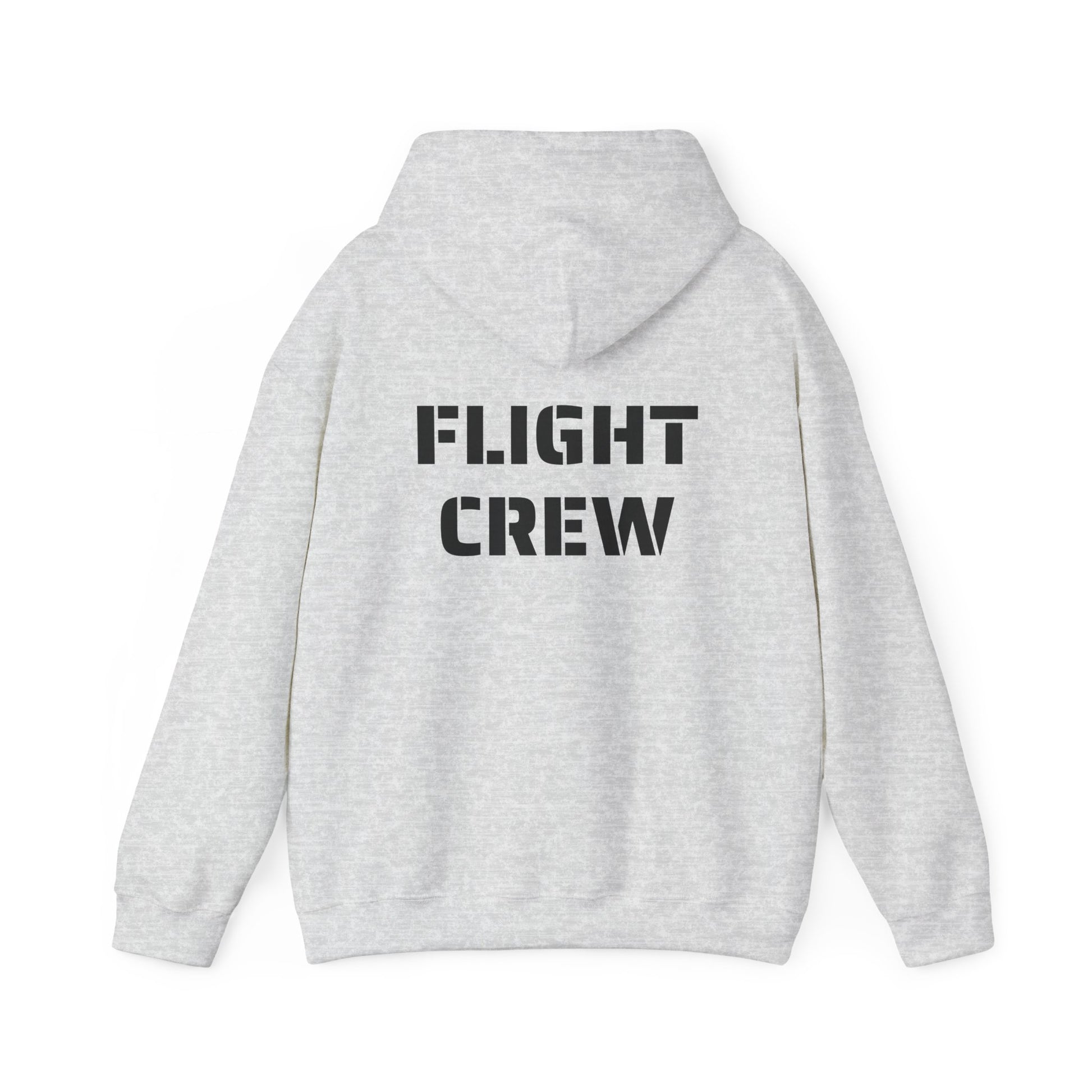 Gray hoodie with 'FLIGHT CREW' text on the back against a white background