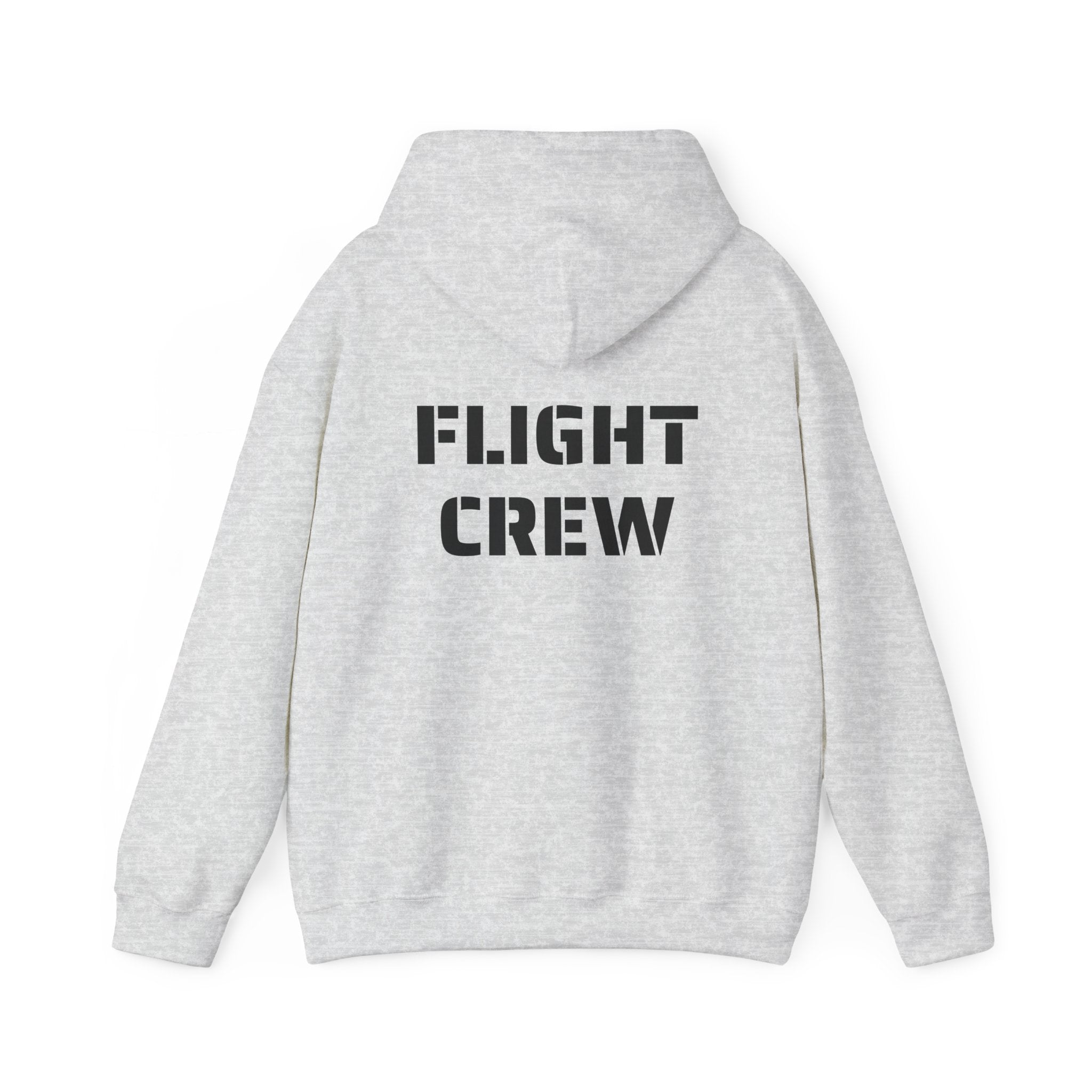 Gray hoodie with 'FLIGHT CREW' text on the back against a white background