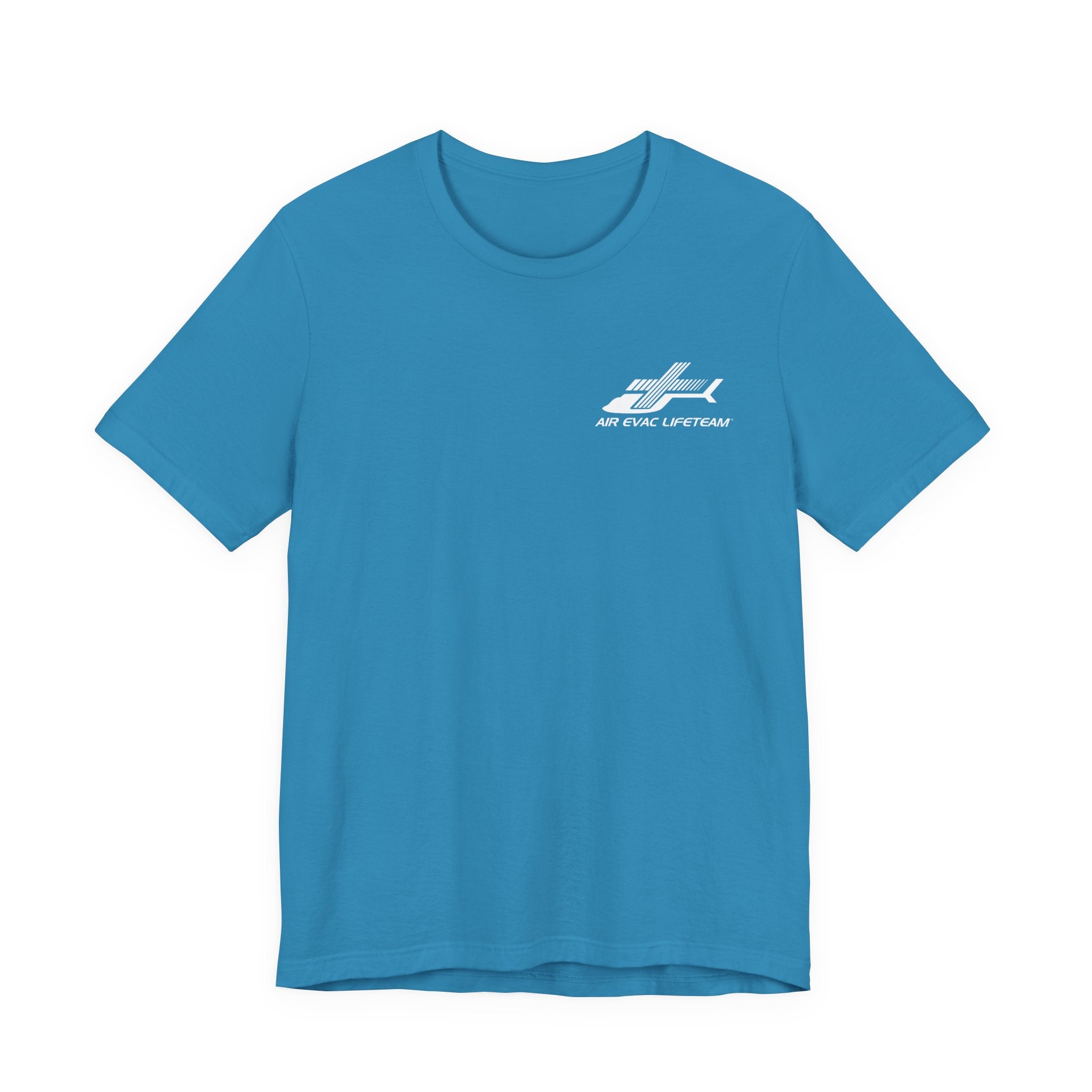 Blue t-shirt with a white Air Evac Lifeteam logo on a white background