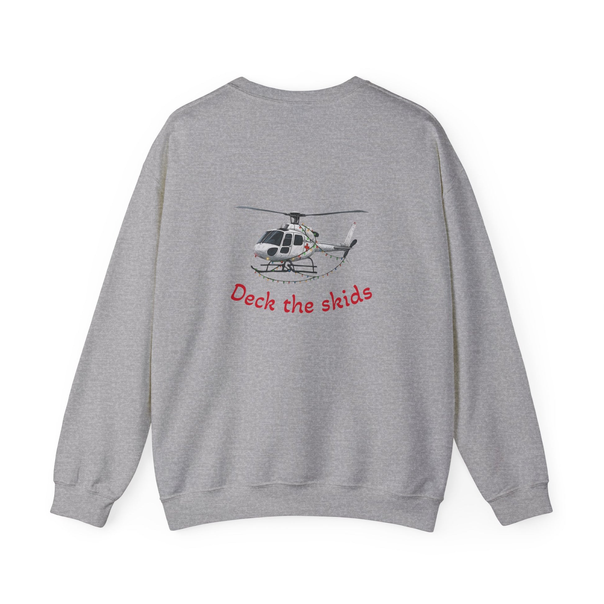 Gray sweatshirt with helicopter graphic with Christmas lights draped on it and 'Deck the skids' text by Rotor Wash & Wear
