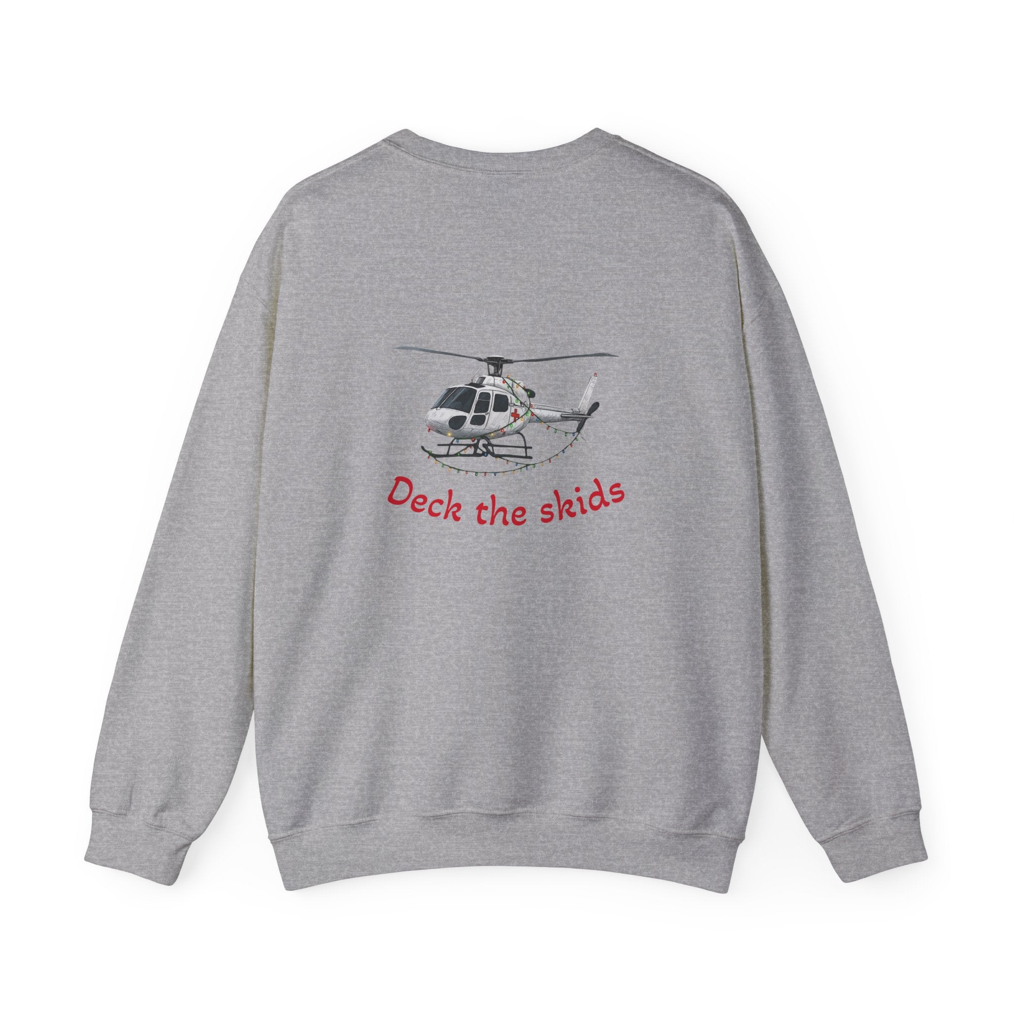 Gray sweatshirt with helicopter graphic with Christmas lights draped on it and 'Deck the skids' text by Rotor Wash & Wear