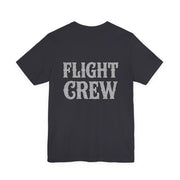 Black t-shirt with lacy 'FLIGHT CREW' text on the back against a white background
