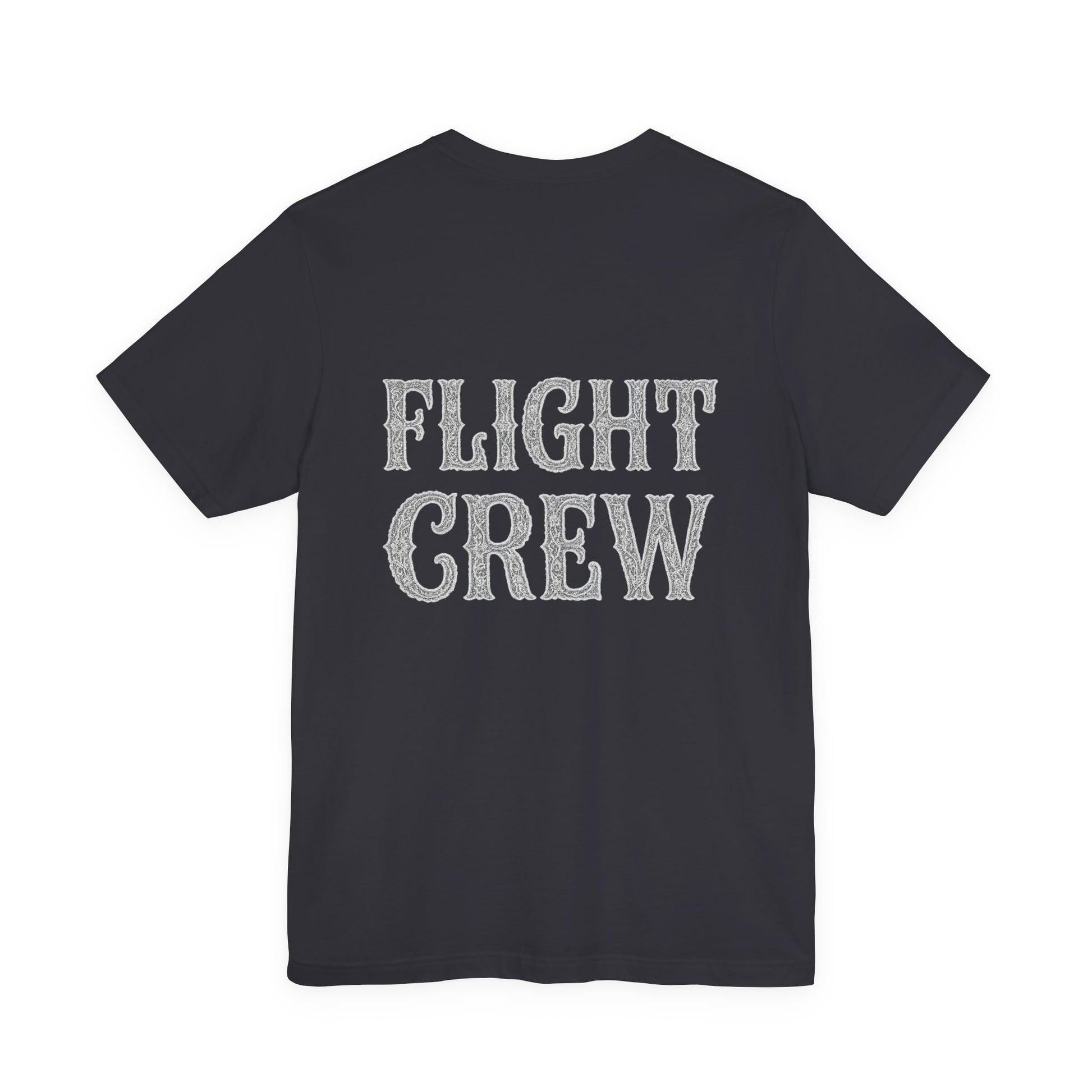 Black t-shirt with lacy 'FLIGHT CREW' text on the back against a white background