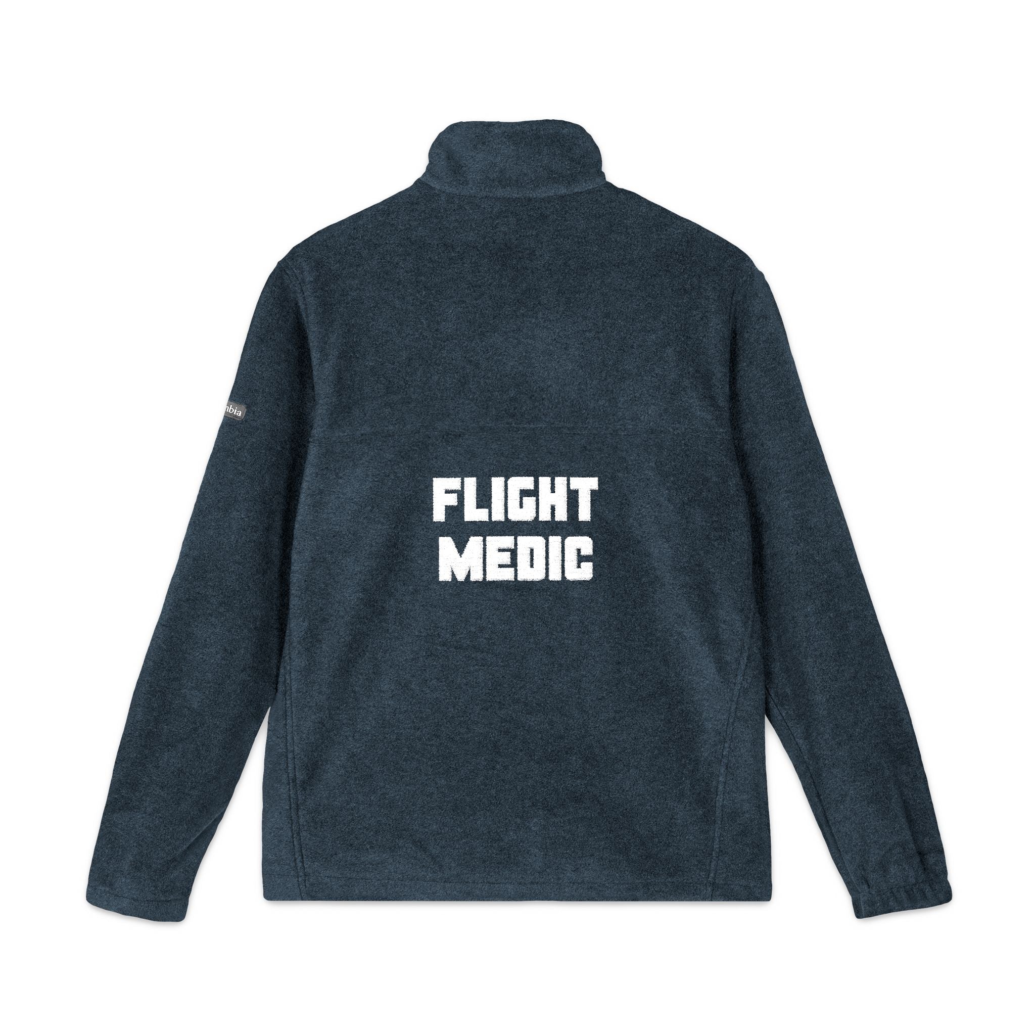 Navy Columbia fleece jacket with 'FLIGHT MEDIC' text on the back against a white background