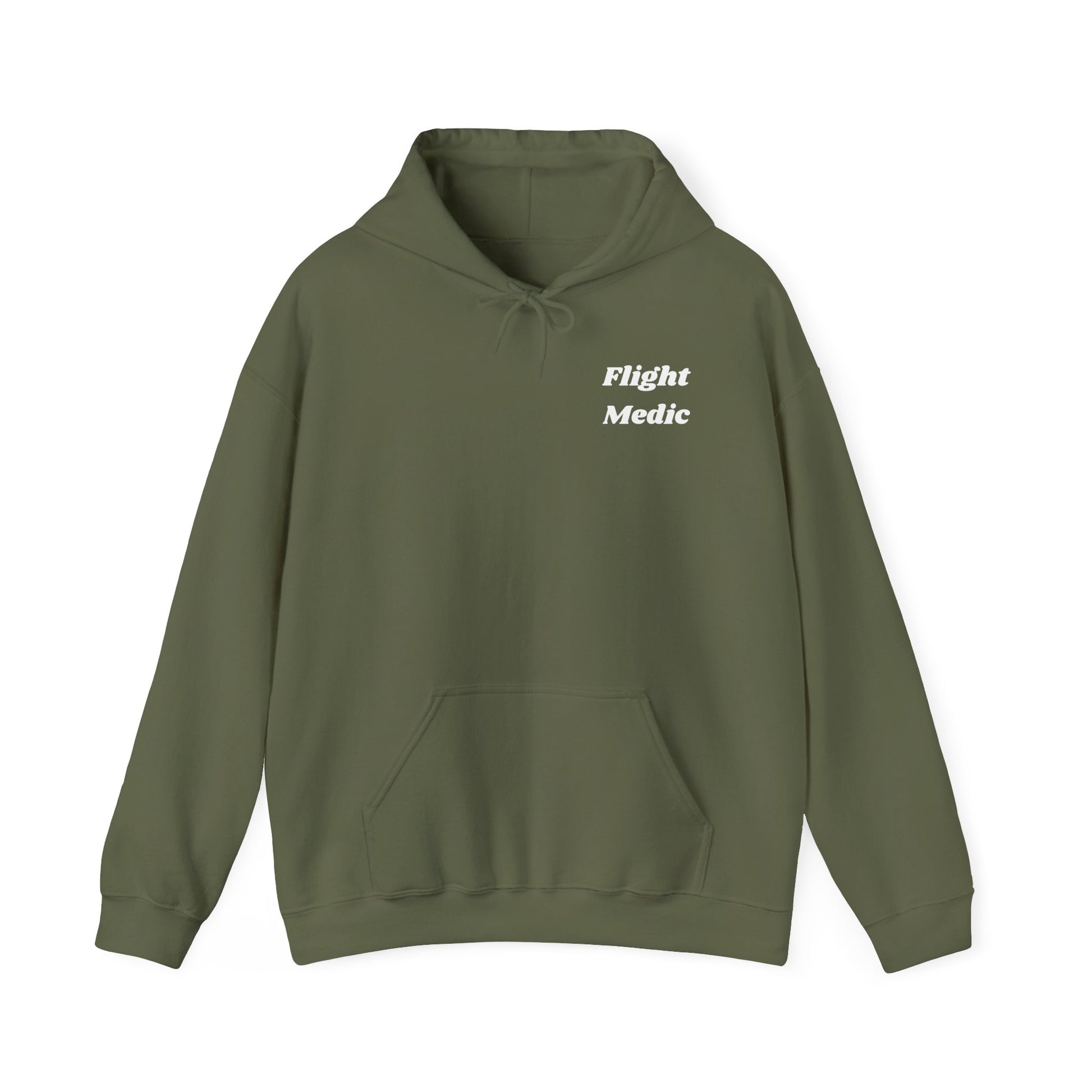 Green hoodie with 'Flight Medic' text on a white background