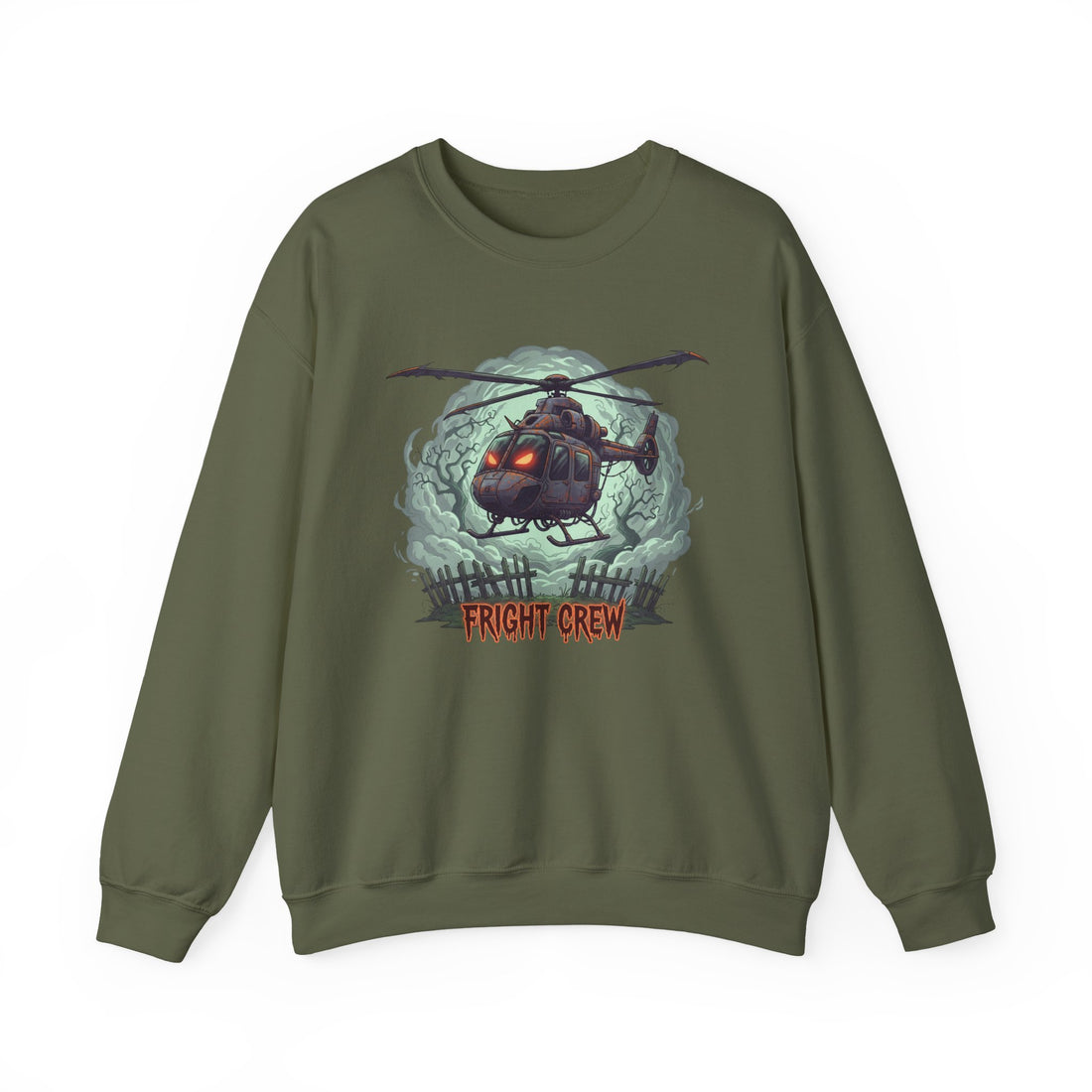 Green crewneck sweatshirt featuring a graphic print of a helicopter flying over a graveyard with the text 'FRIGHT CREW' in orange below it by Rotor Wash & Wear