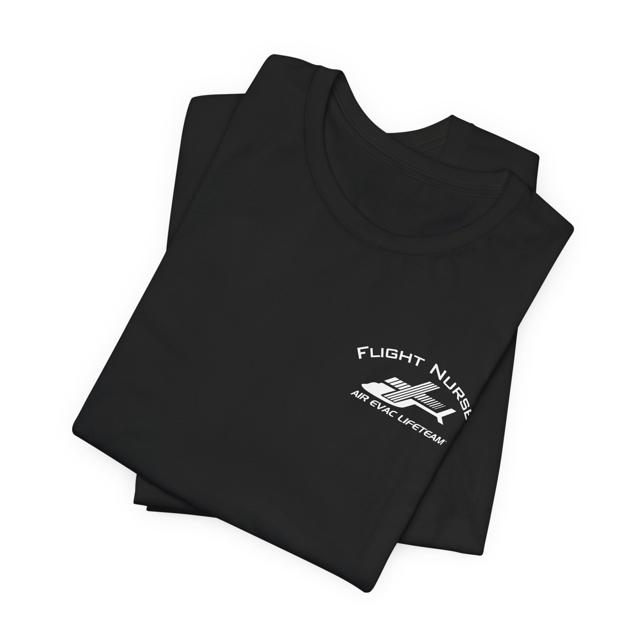 Folded black t-shirt with small 'Flight Nurse" text and Air Evac Lifeteam' logo on the left chest by Rotor Wash & Wear