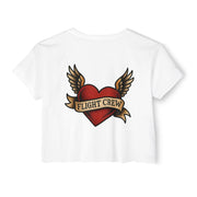 White crop top with a red heart and wings design featuring 'FLIGHT CREW' text on a white background