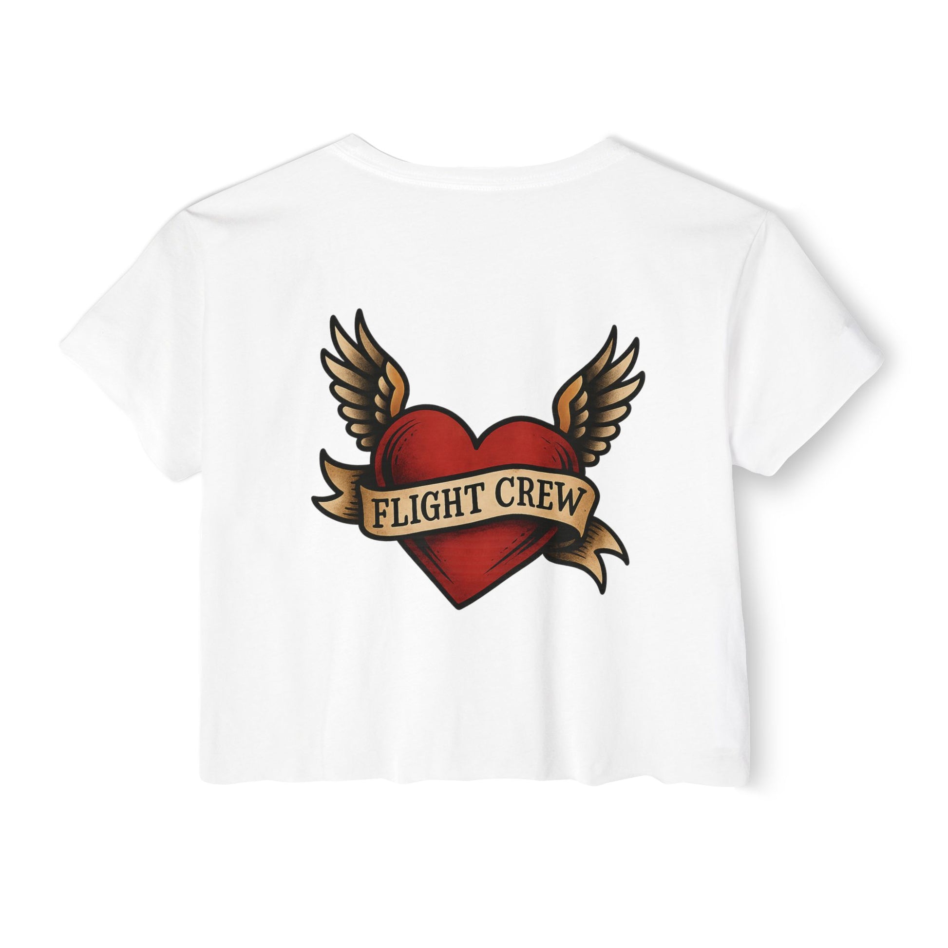 White crop top with a red heart and wings design featuring 'FLIGHT CREW' text on a white background