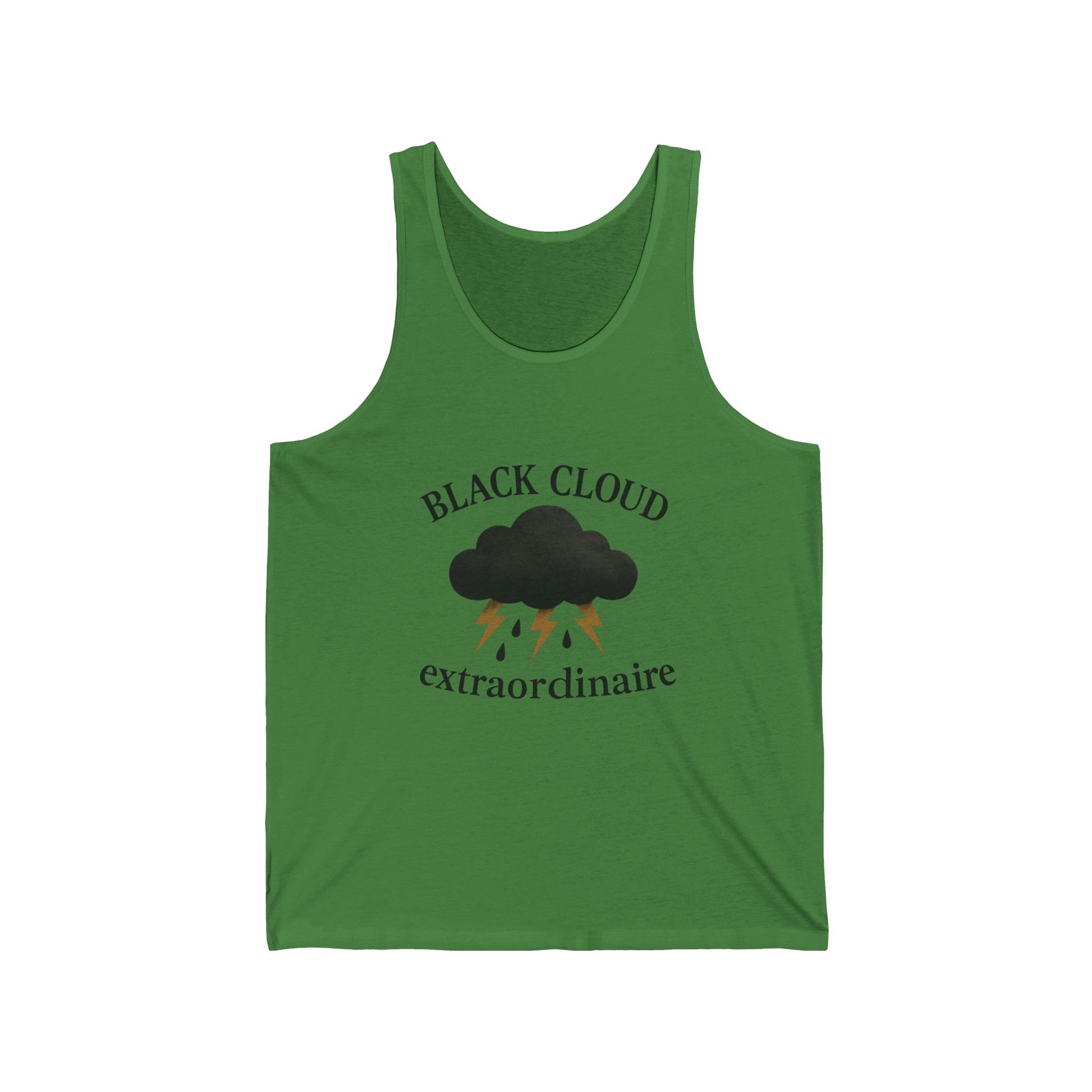 Green tank top with black cloud graphic and text "Black Cloud Extraordinaire" on a white background