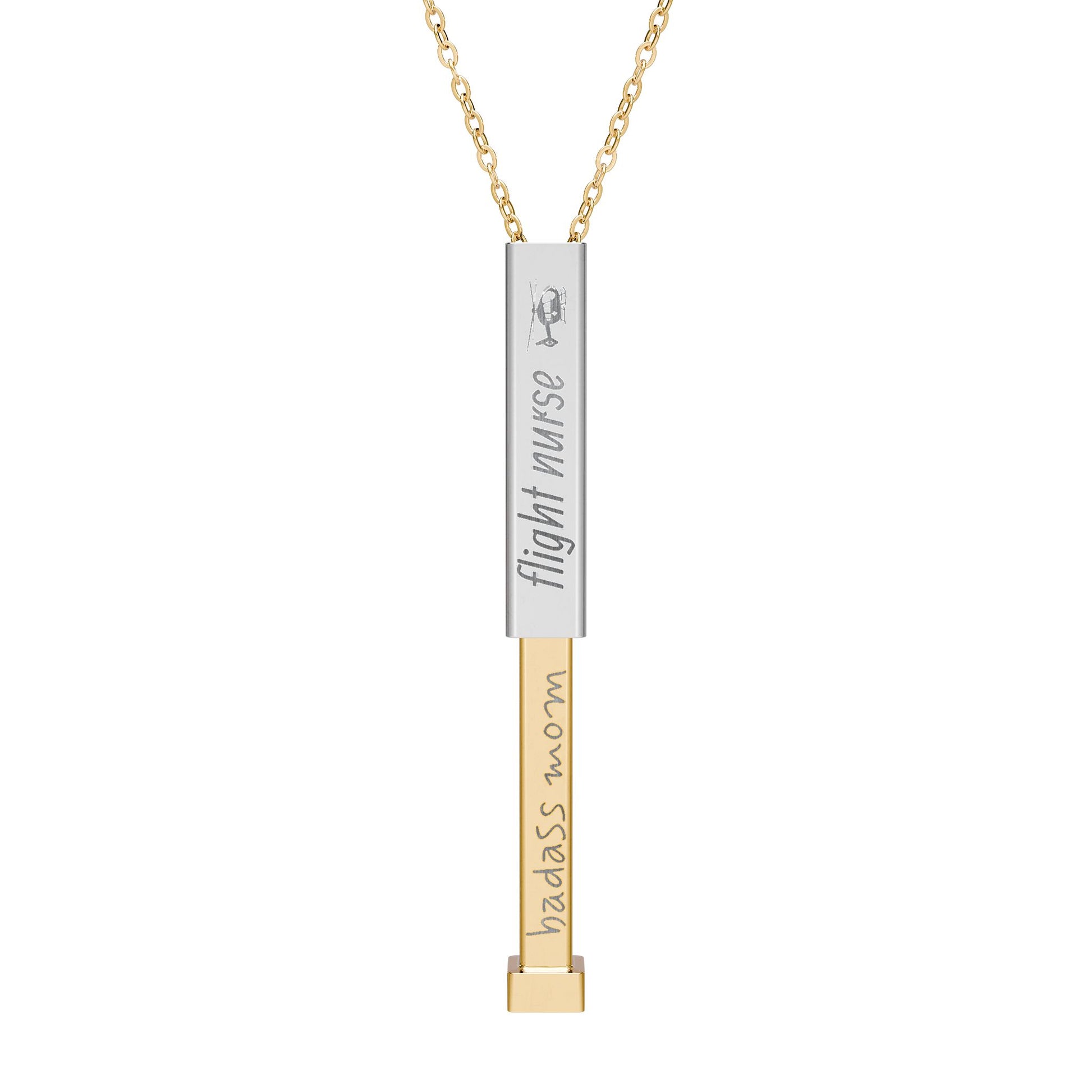 Silver and gold two-toned necklace with a cylindrical pendant engraved with 'flight nurse' with hidden interior engraving "badass mom" by Rotor Wash & Wear