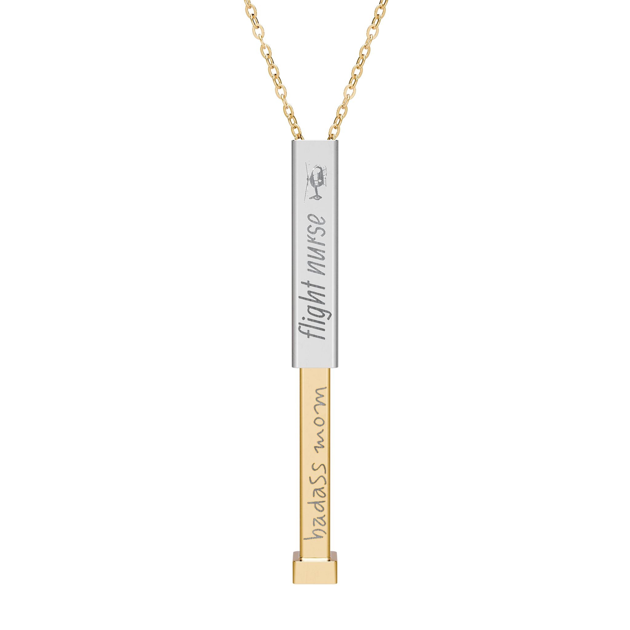 Silver and gold two-toned necklace with a cylindrical pendant engraved with 'flight nurse' with hidden interior engraving "badass mom" by Rotor Wash & Wear