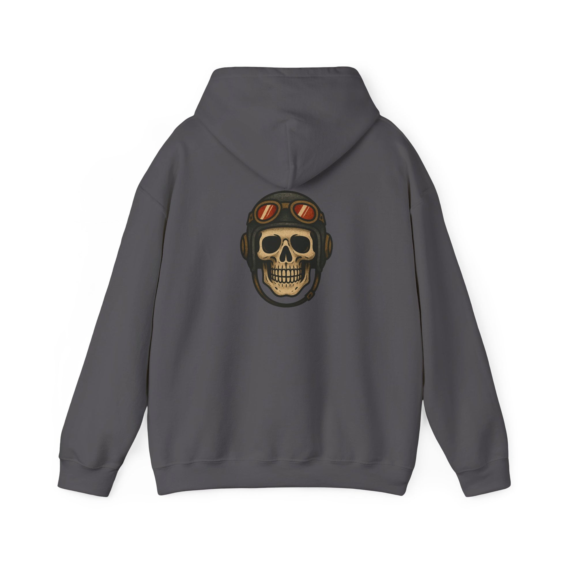 Gray hoodie with an american traditional style skull wearing a flight helmet on a white background