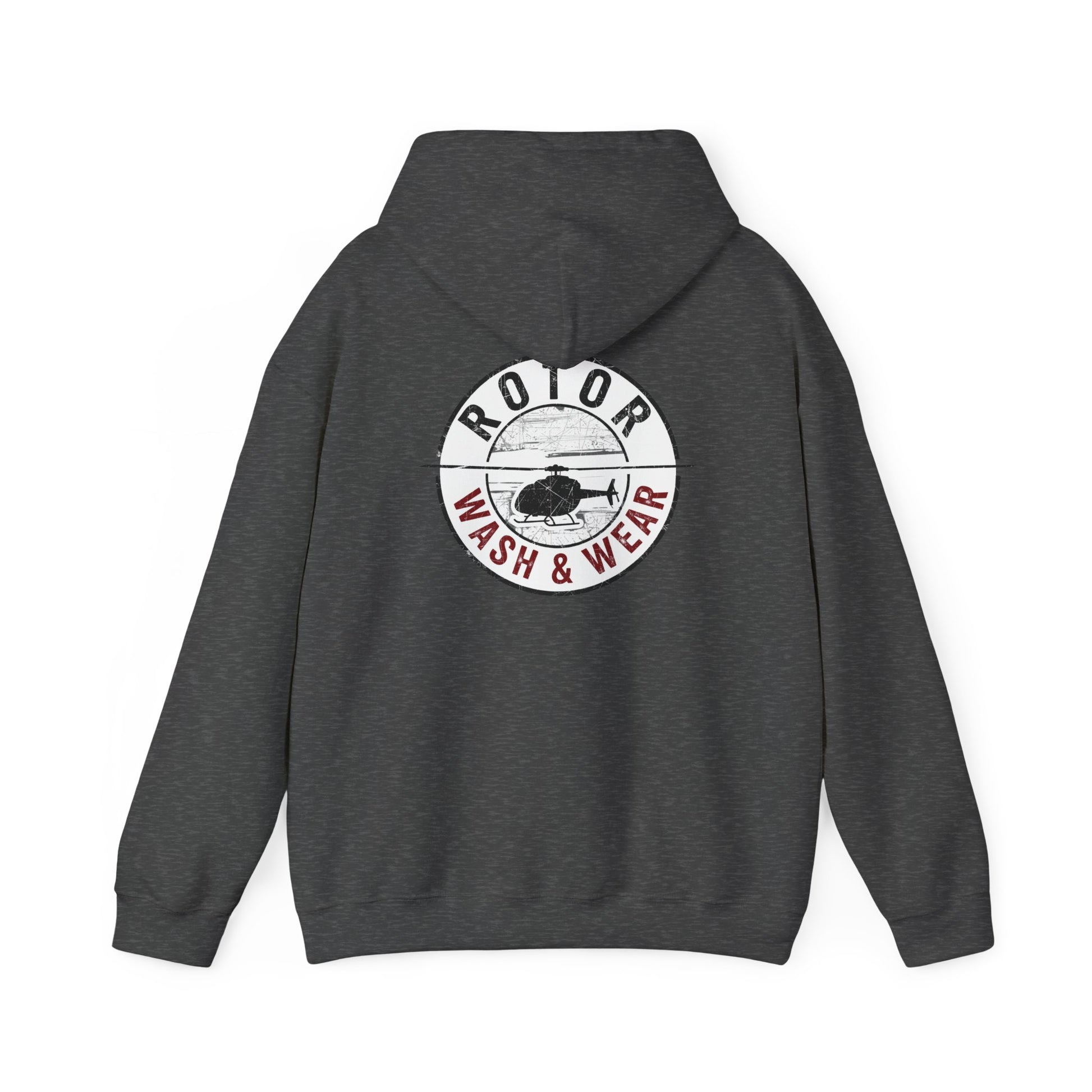 Dark gray hoodie with 'Rotor Wash & Wear' logo on the back against a white background