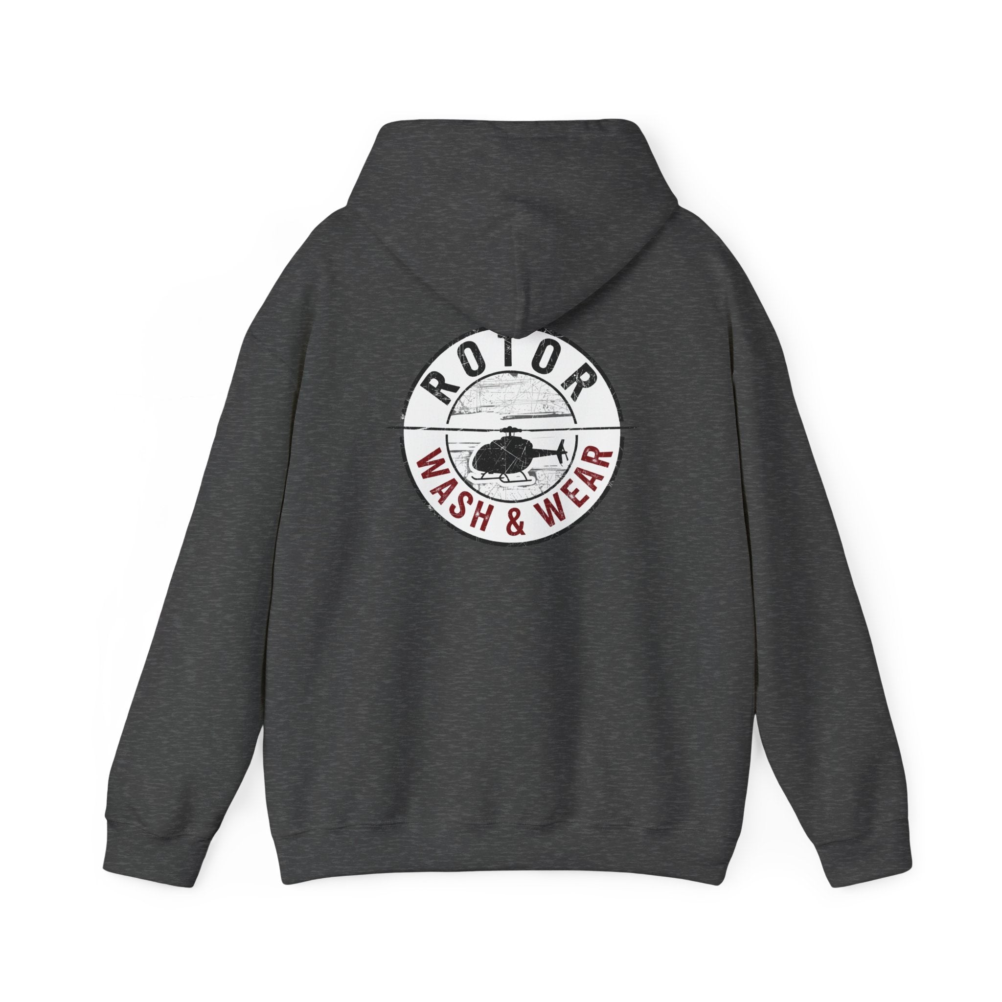 Dark gray hoodie with 'Rotor Wash & Wear' logo on the back against a white background