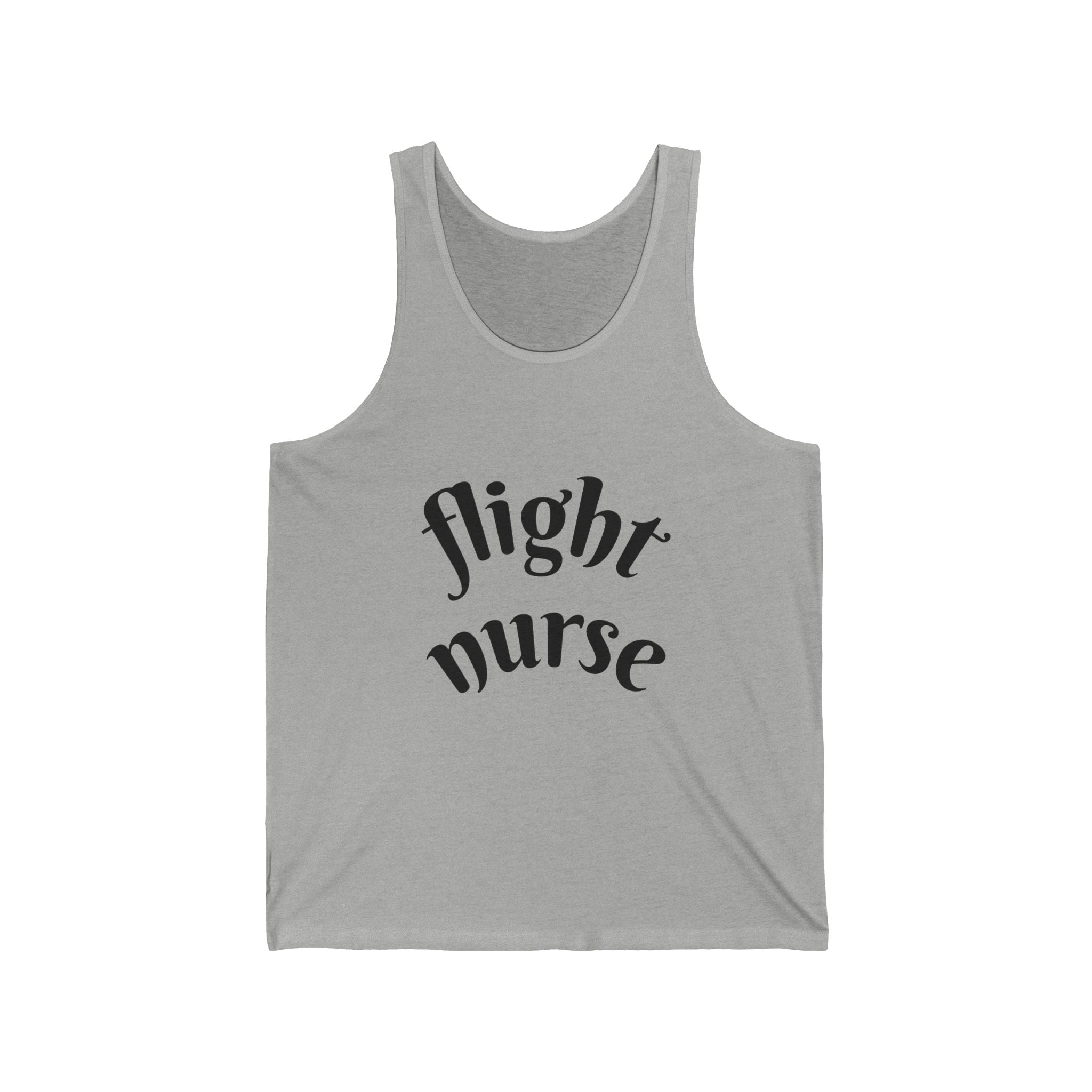 Gray tank top with 'flight nurse' text on a white background
