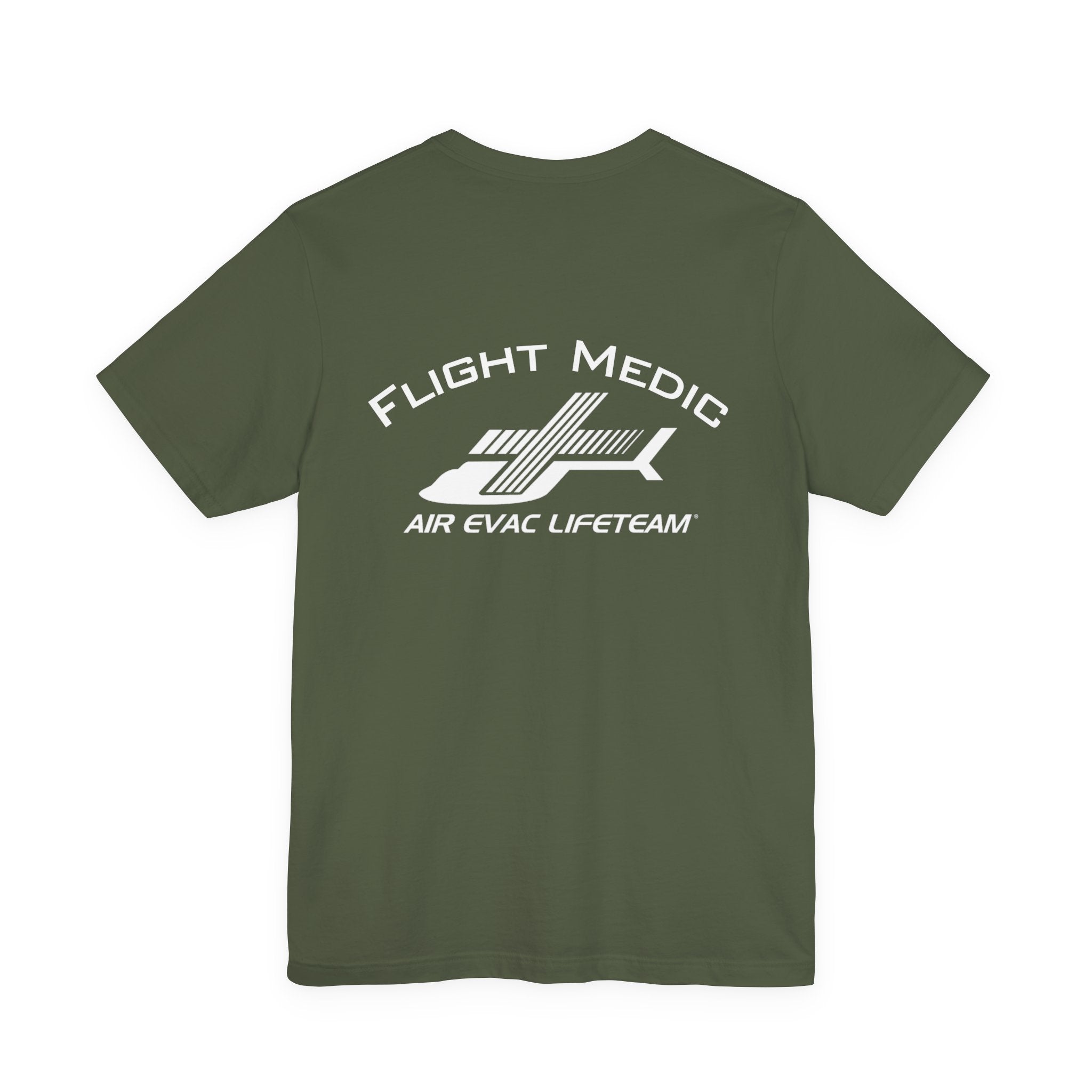Green t-shirt with 'Flight Medic" text and Air Evac Lifeteam' logo on the back by Rotor Wash & Wear