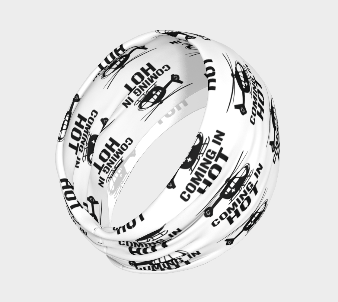 White headband with black text "coming in hot" and helicopter graphic 