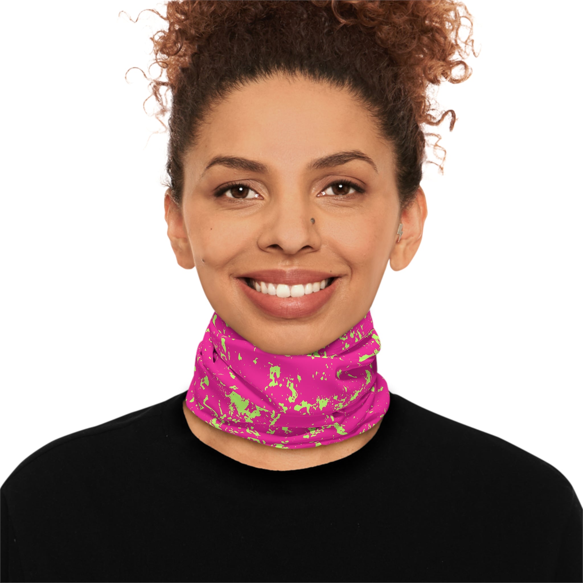 Person wearing hot pink neck gaiter with neon green splatter pattern by Rotor Wash & Wear